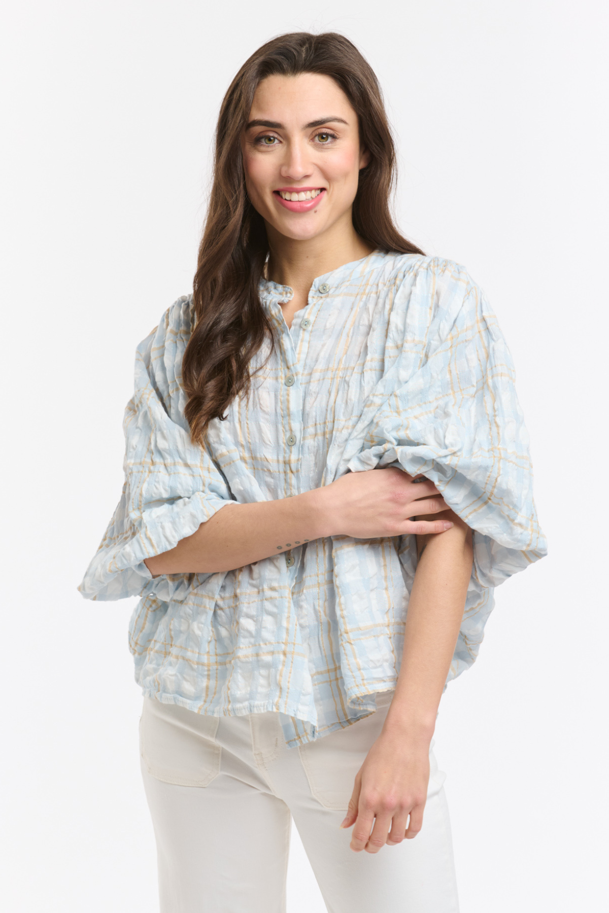 Freida Check Blouse Sky Blue