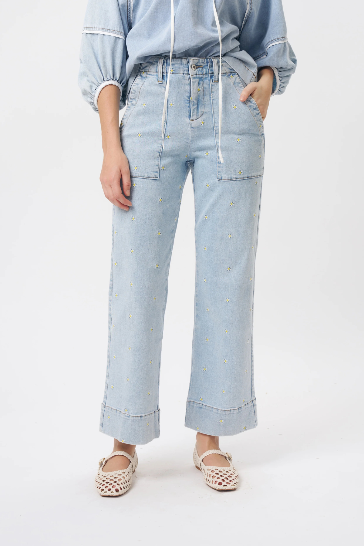 Celeste Pant Sky Blue Daisy Embroidery