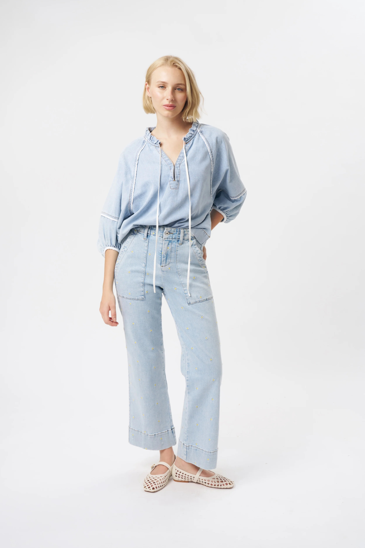 Celeste Pant Sky Blue Daisy Embroidery