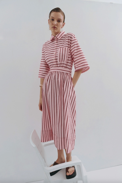 Mad Hatters Midi Dress Red Pink Pinstripe Pop