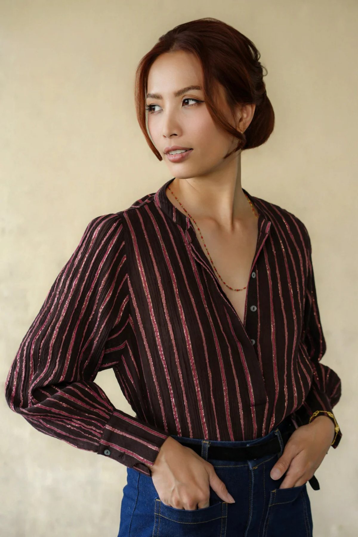 Lurex Stripe Blouse Pink Chocolate