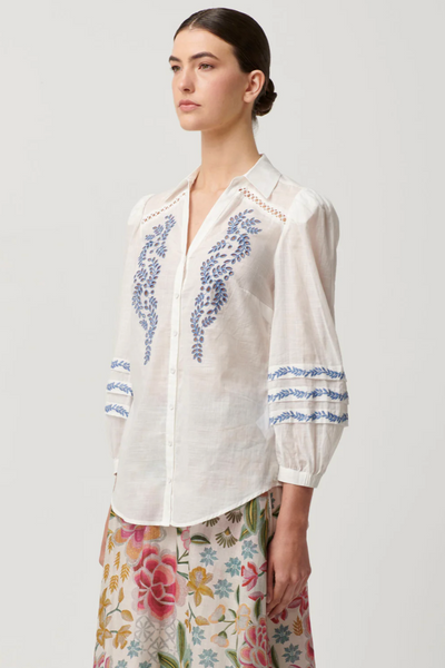 Fleurine Embroidered Cotton Slub Shirt Milk