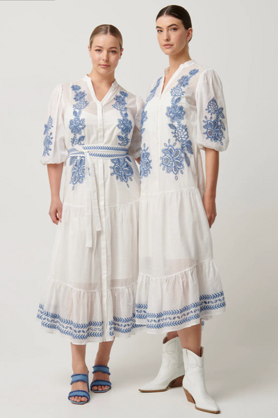 Gabriette Embroidered Cotton Slub Dress Milk