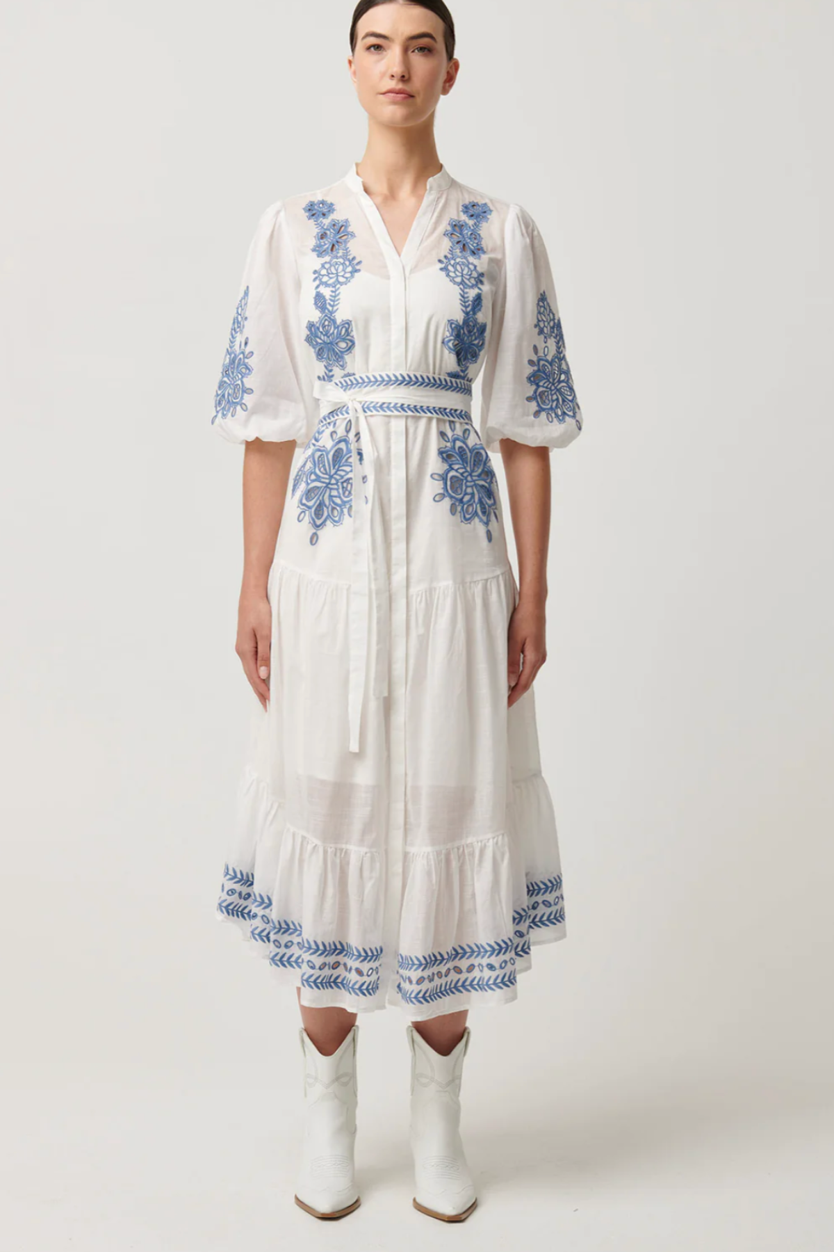 Gabriette Embroidered Cotton Slub Dress Milk