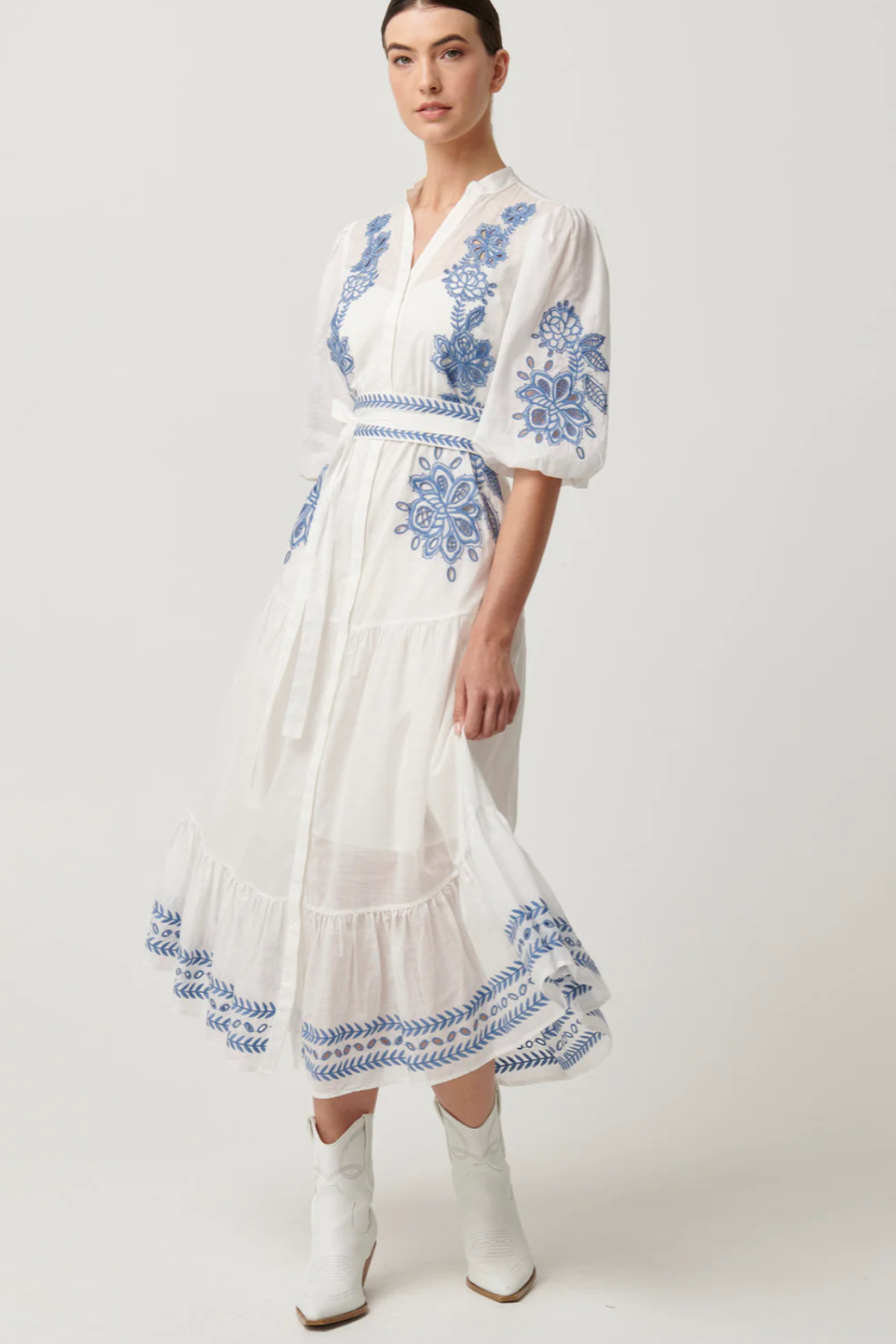 Gabriette Embroidered Cotton Slub Dress Milk