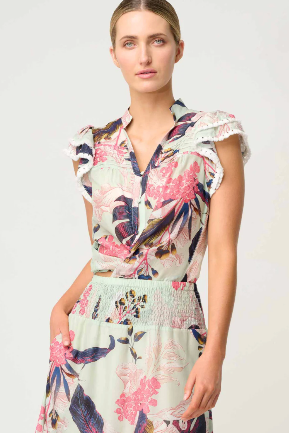 Luma Silk Flutter Sleeve Top Oasis Flora