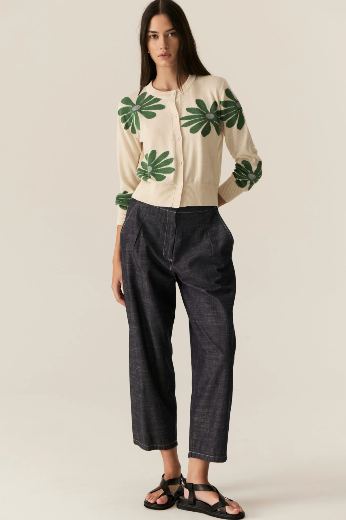 Lask Daisy Cardigan Ecru Green