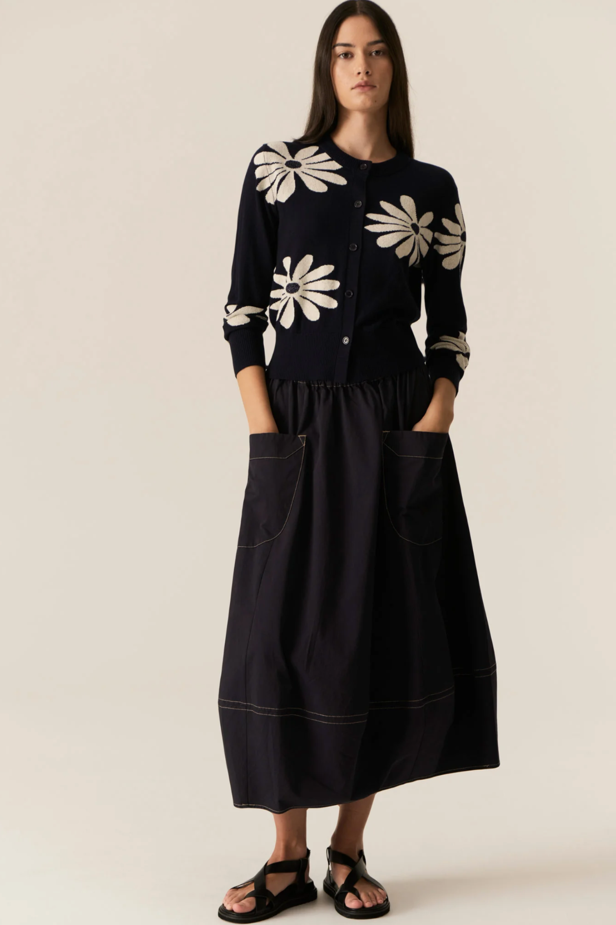Lask Daisy Cardigan Ink Ecru