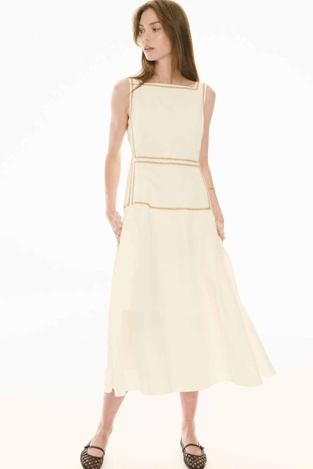 Marlin Raffia Trim Dress Ivory