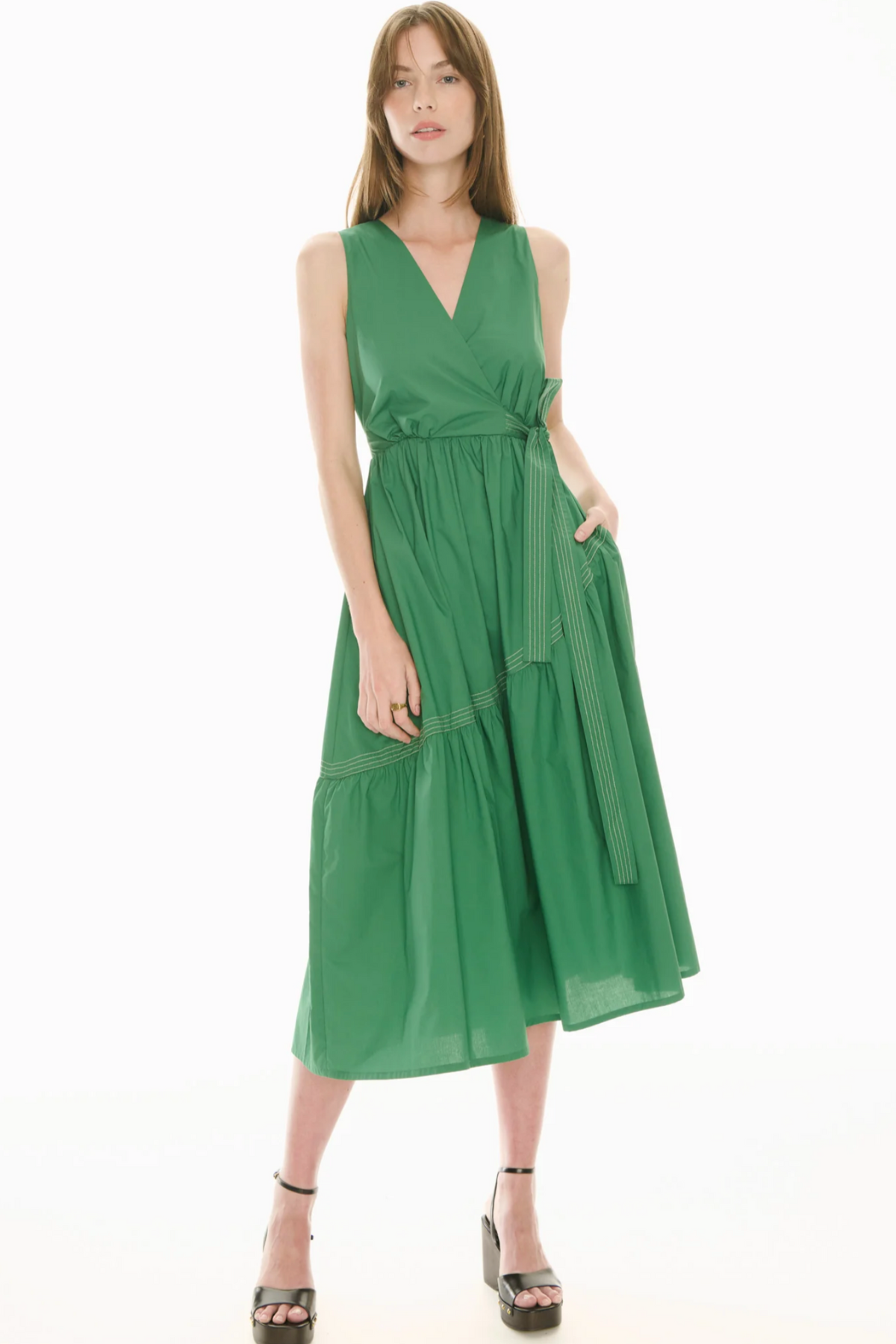 Orlo Topstitch Wrap Dress Green
