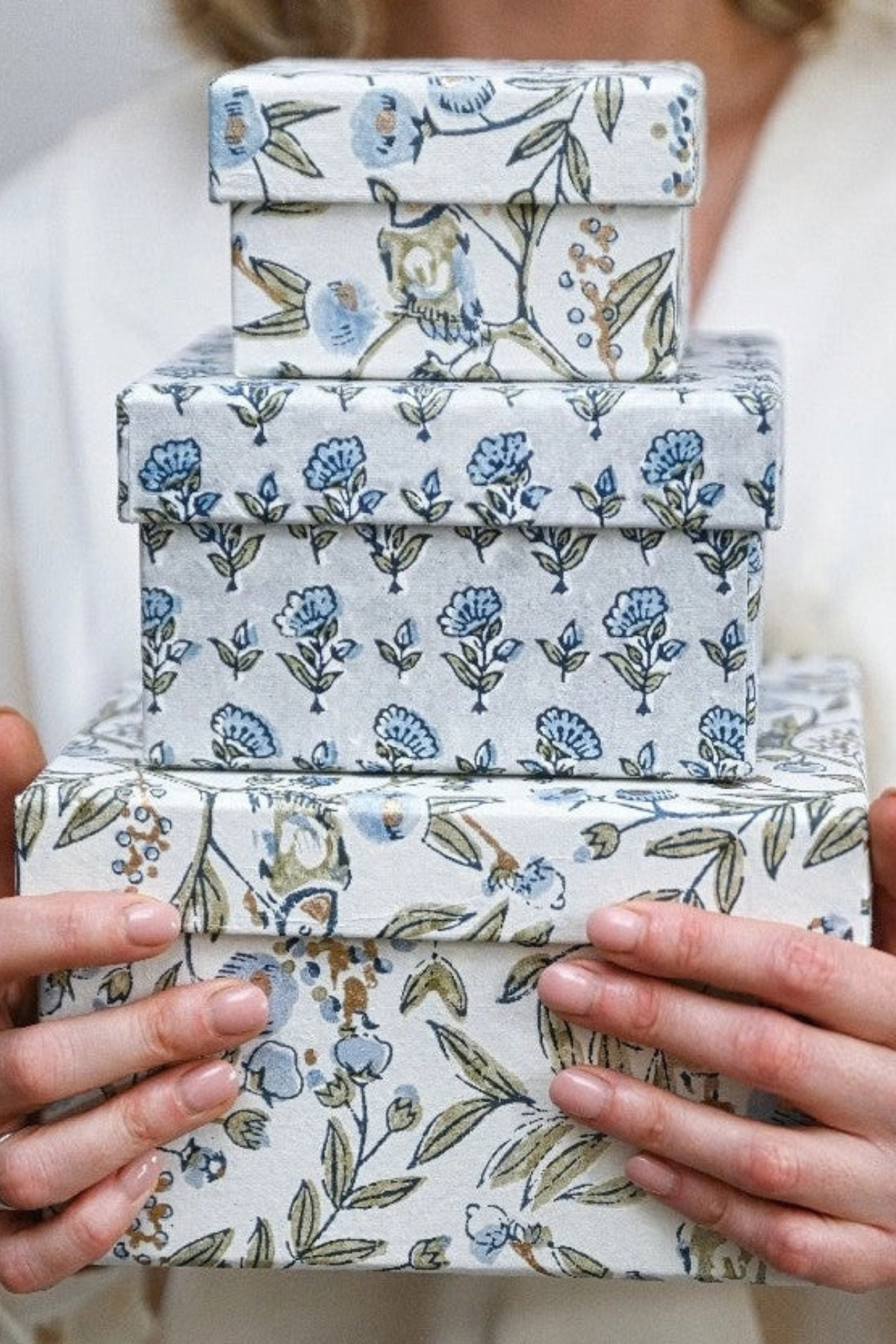 Block Printed Gift Box Set of Three Floral Blue