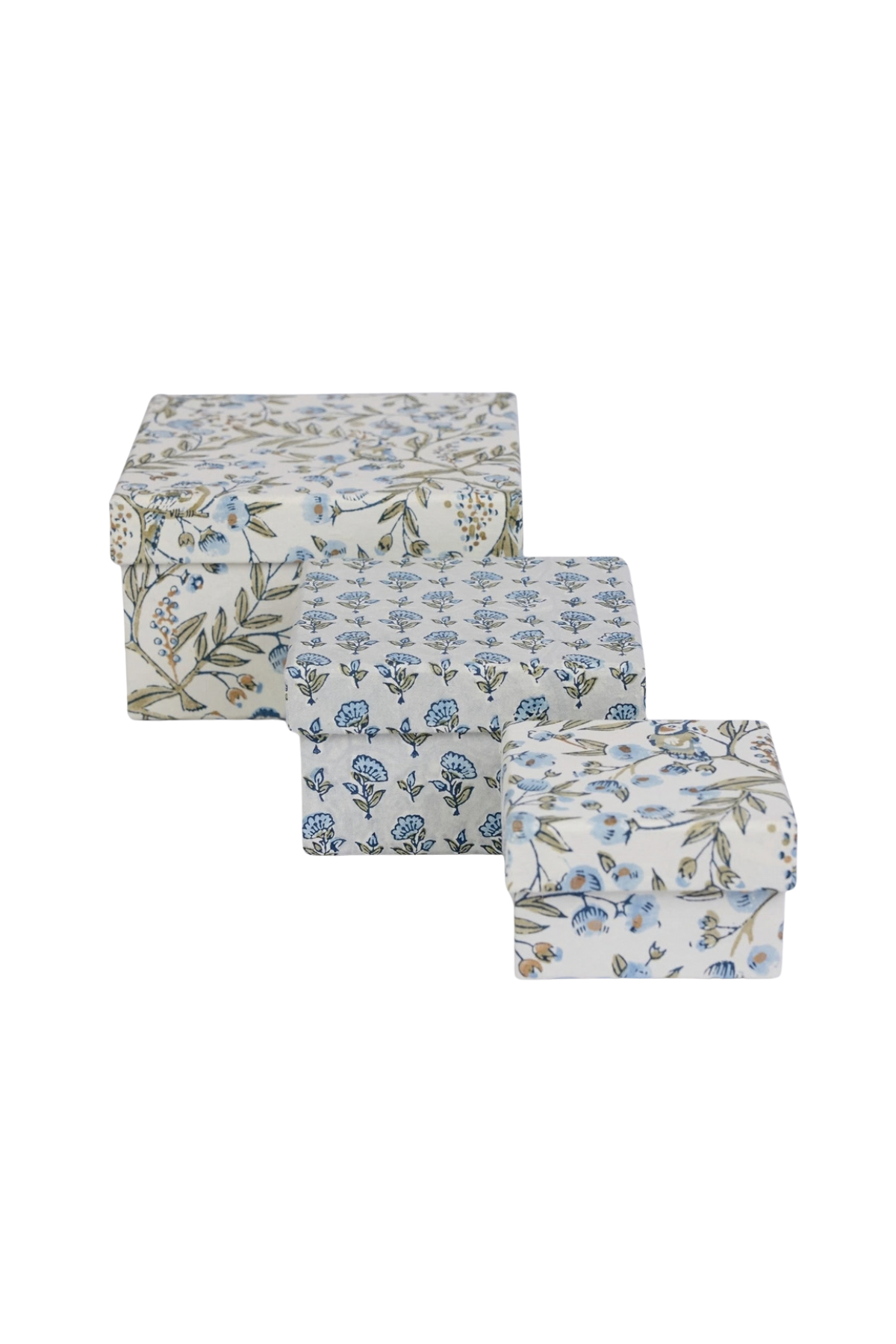 Block Printed Gift Box Set of Three Floral Blue