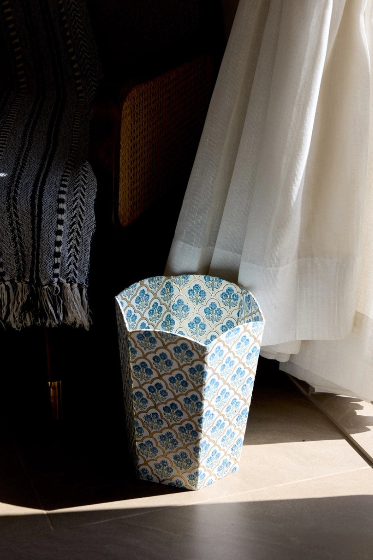 Block Printed Paper Basket Trellis Indigo