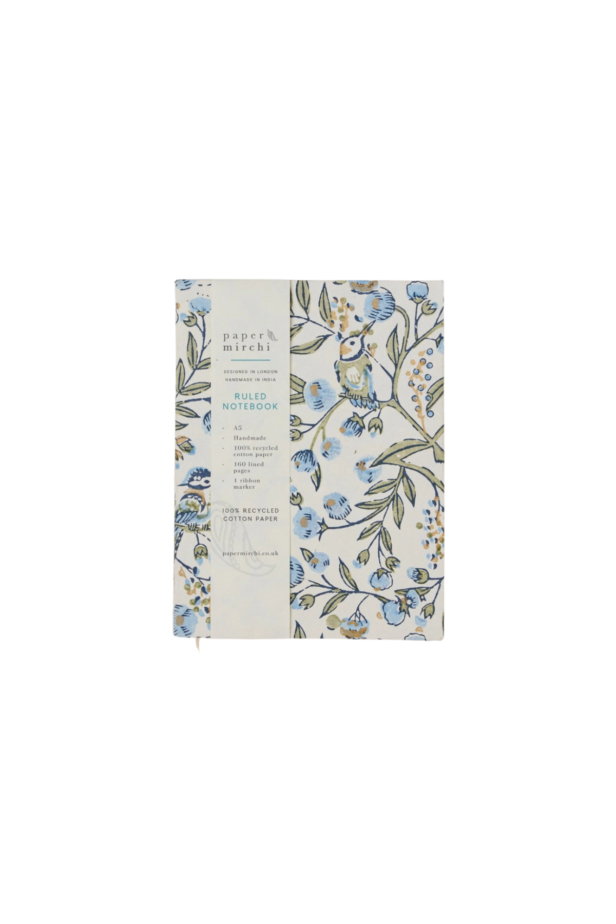 Block Printed Ruled Notebook A5 Songbird Blue