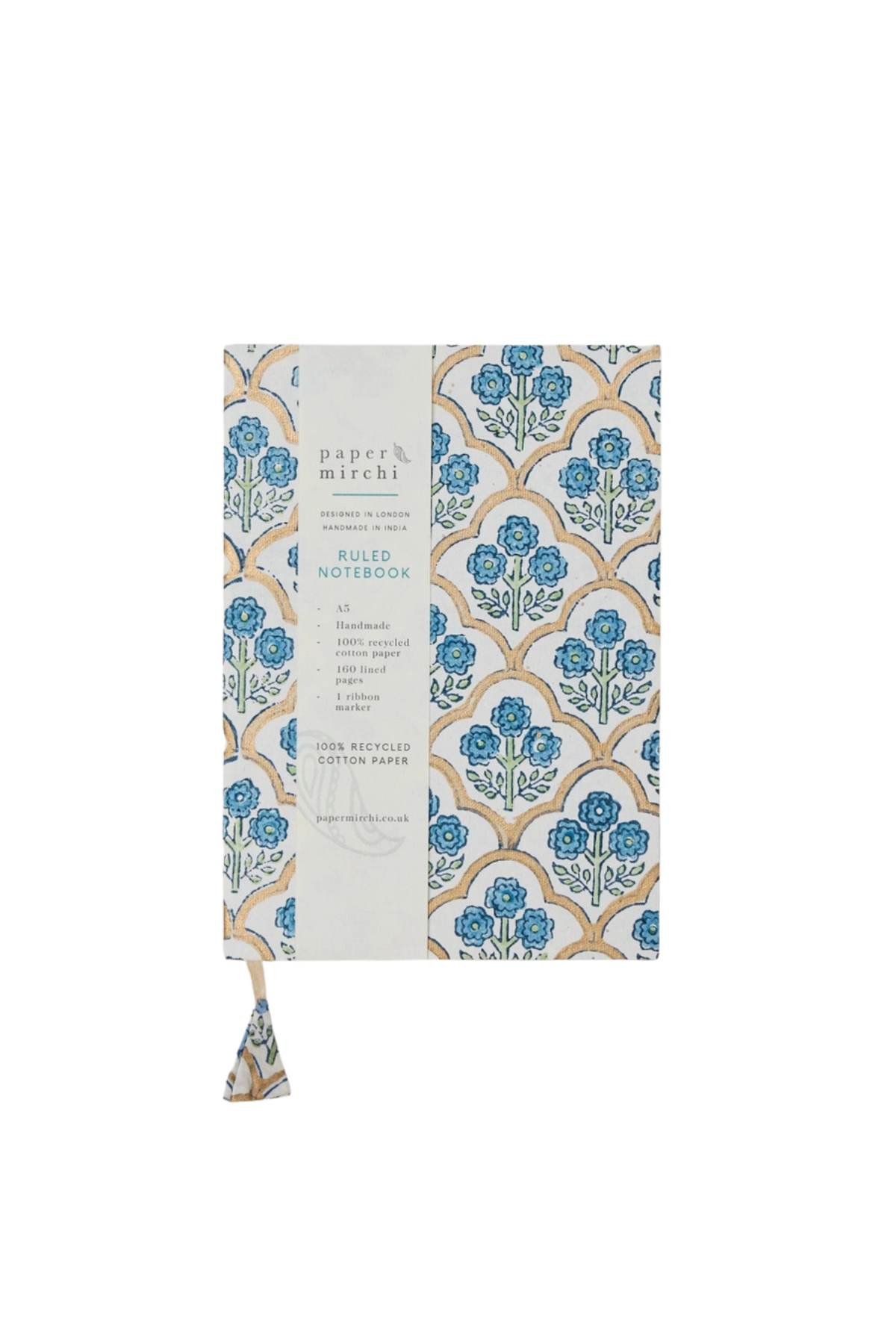 Block Printed Ruled Notebook A5 Trellis Indigo