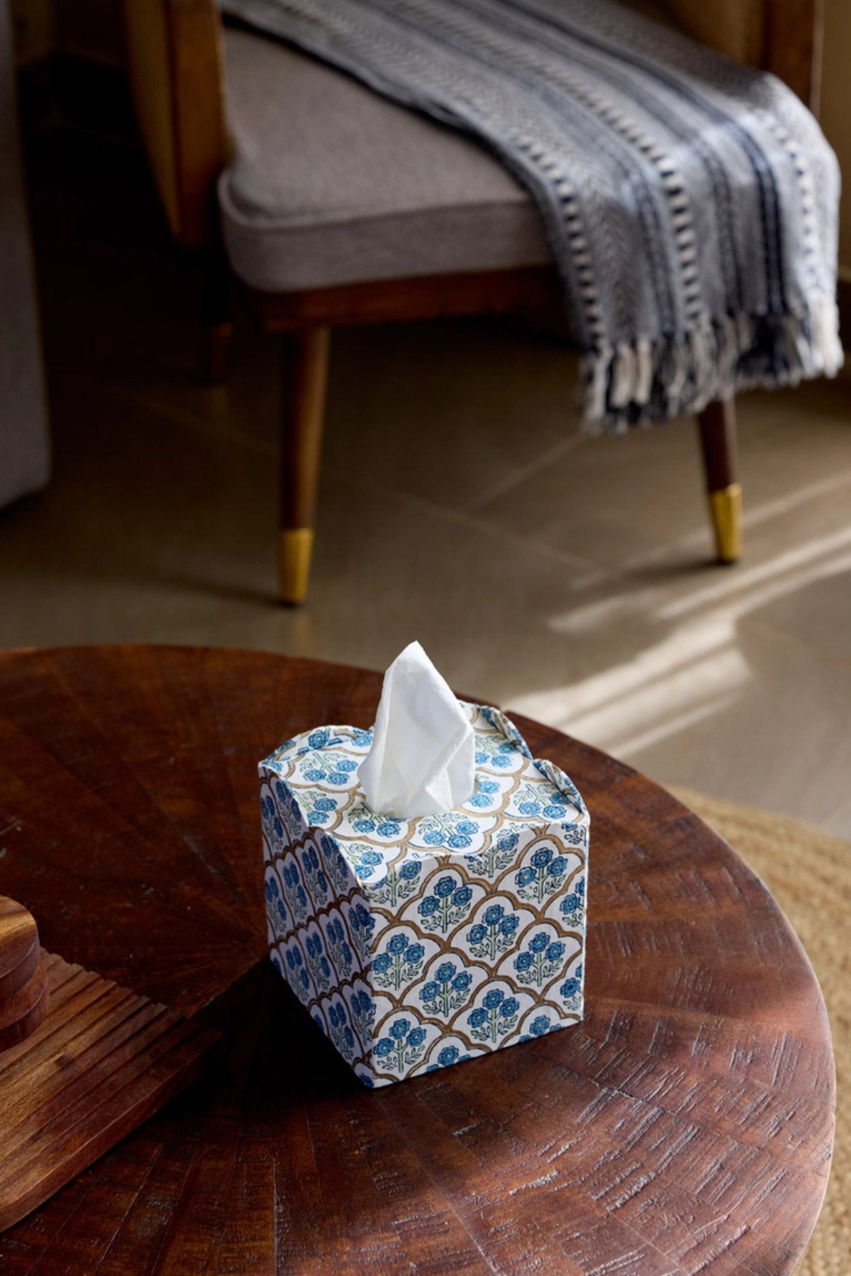 Block Printed Tissue Box Trellis Indigo