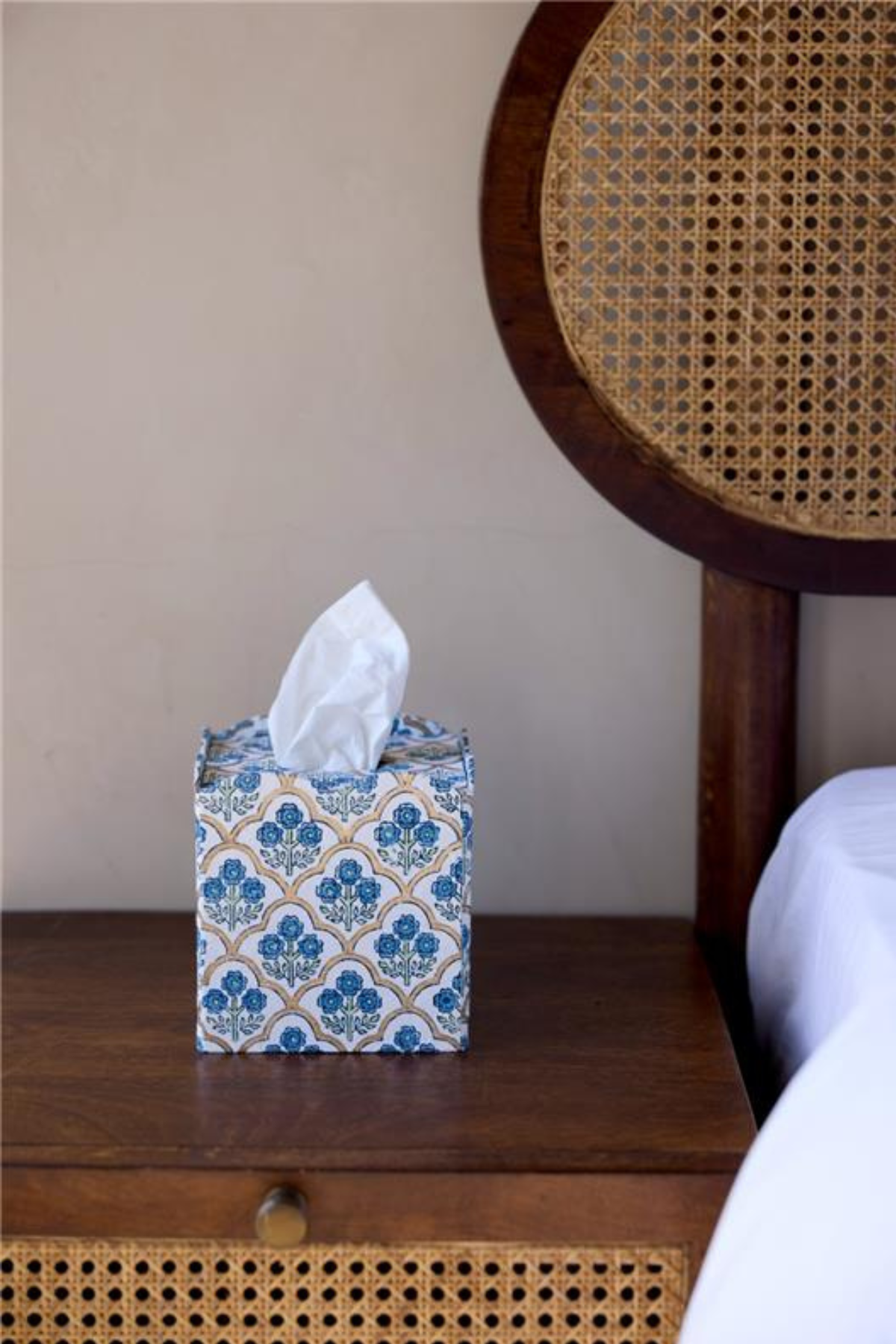 Block Printed Tissue Box Trellis Indigo