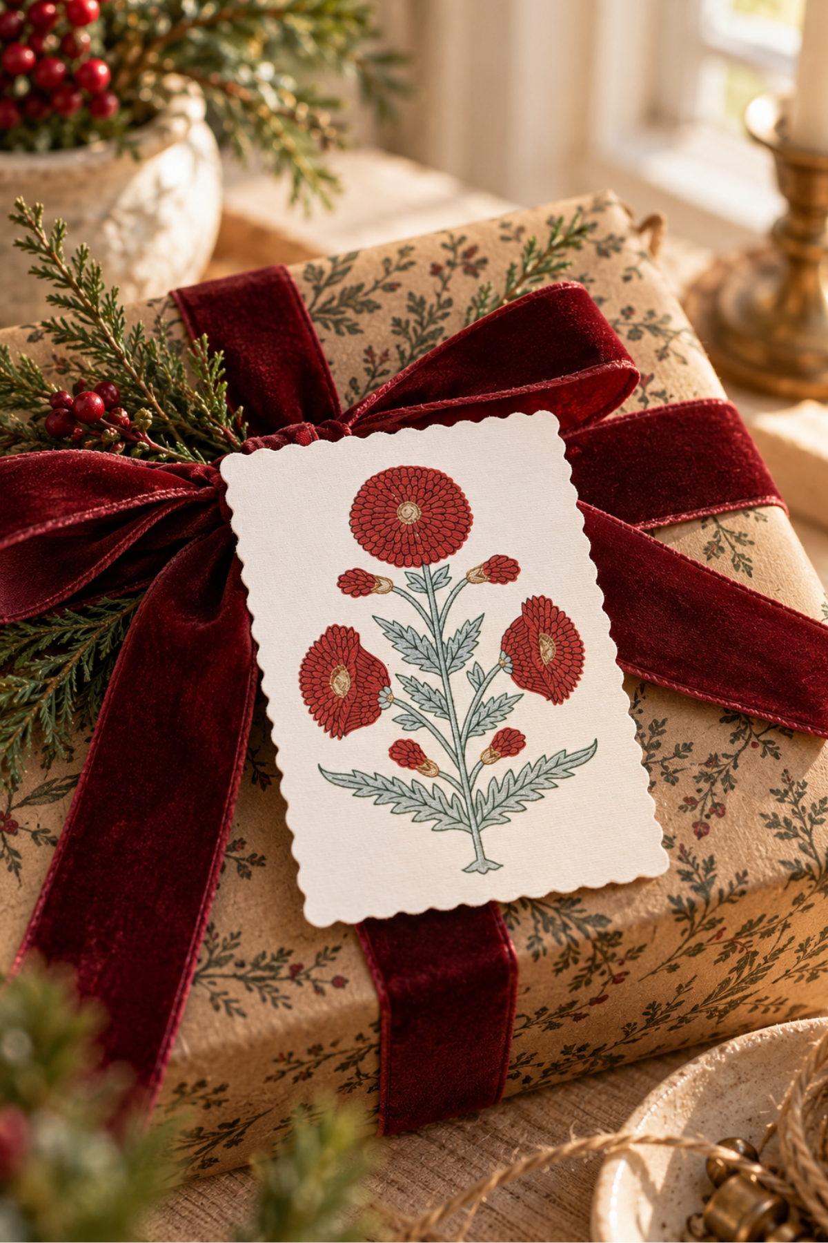 Hand Block Printed Card Genda Sage