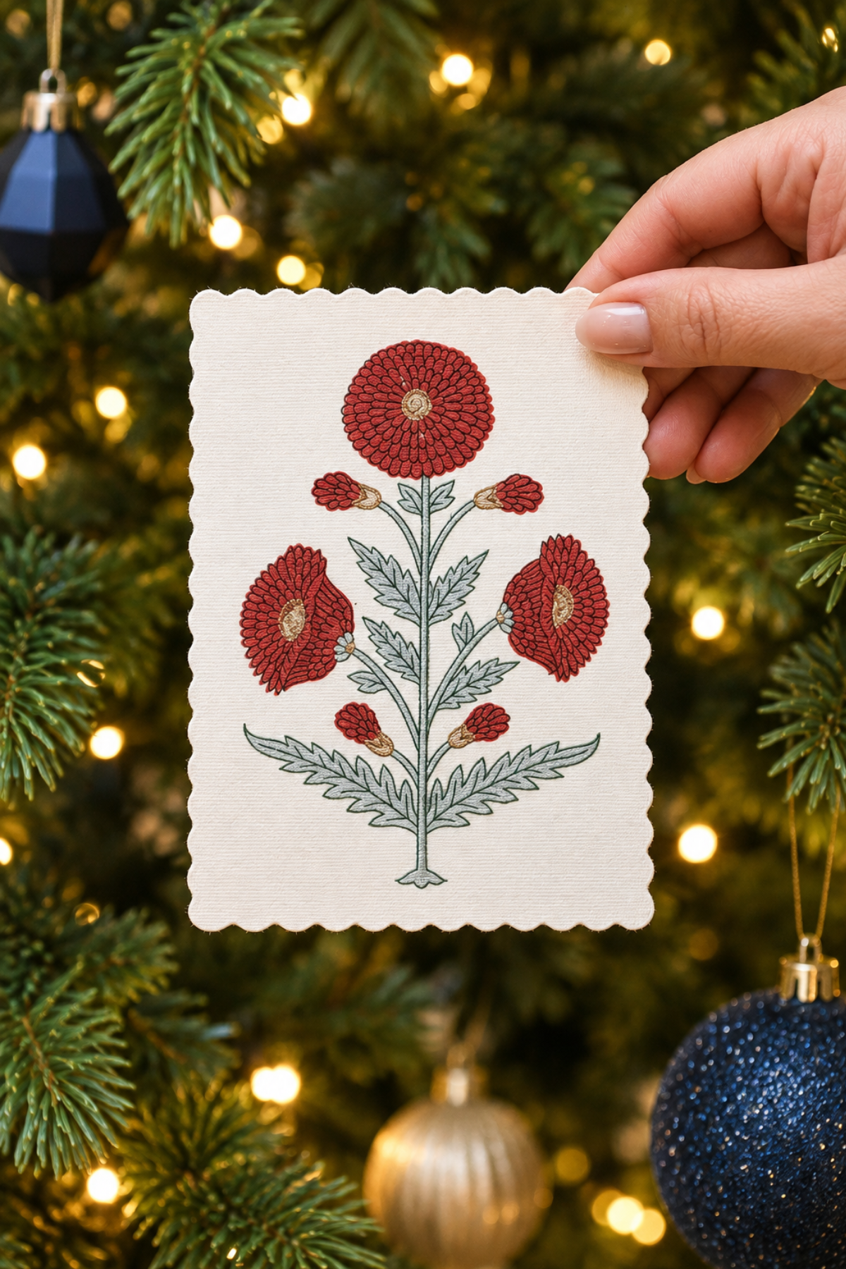 Hand Block Printed Card Genda Sage