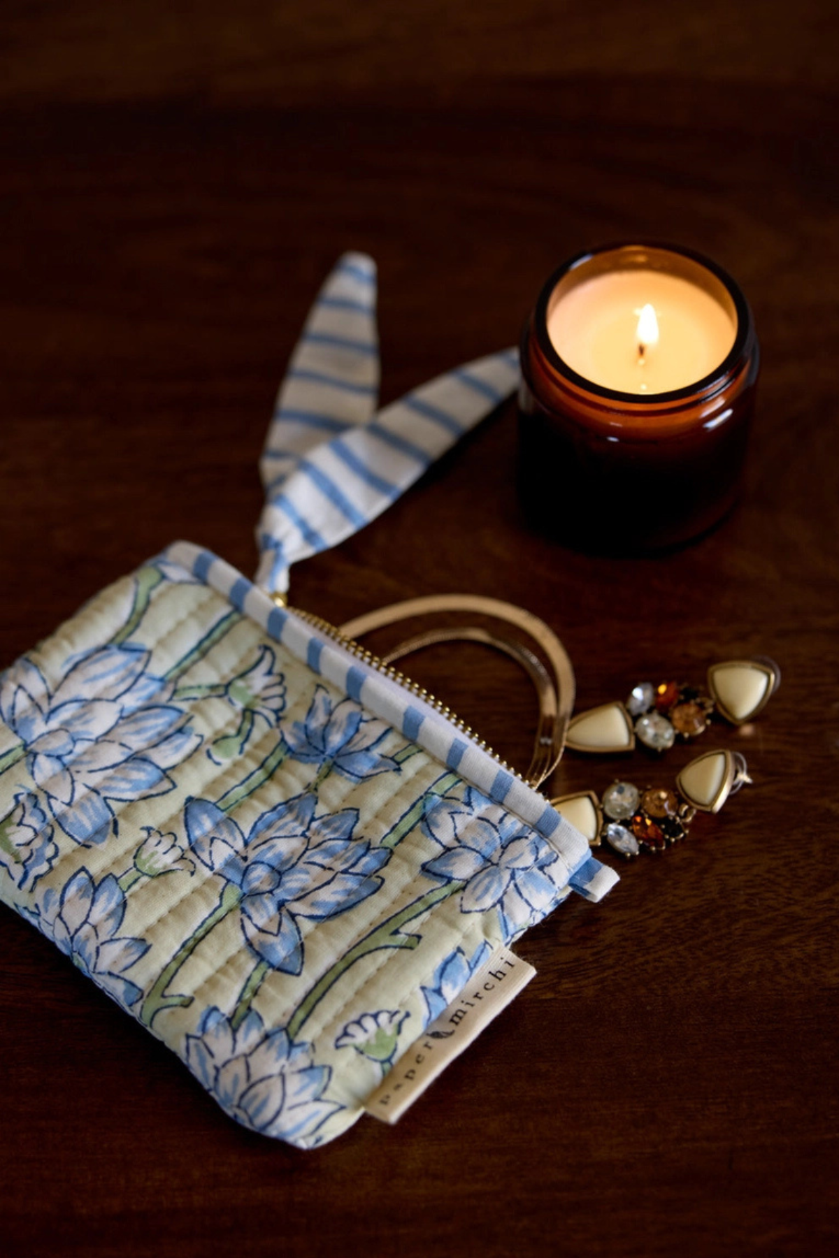 Organic Cotton Pouch Floral Indigo Small