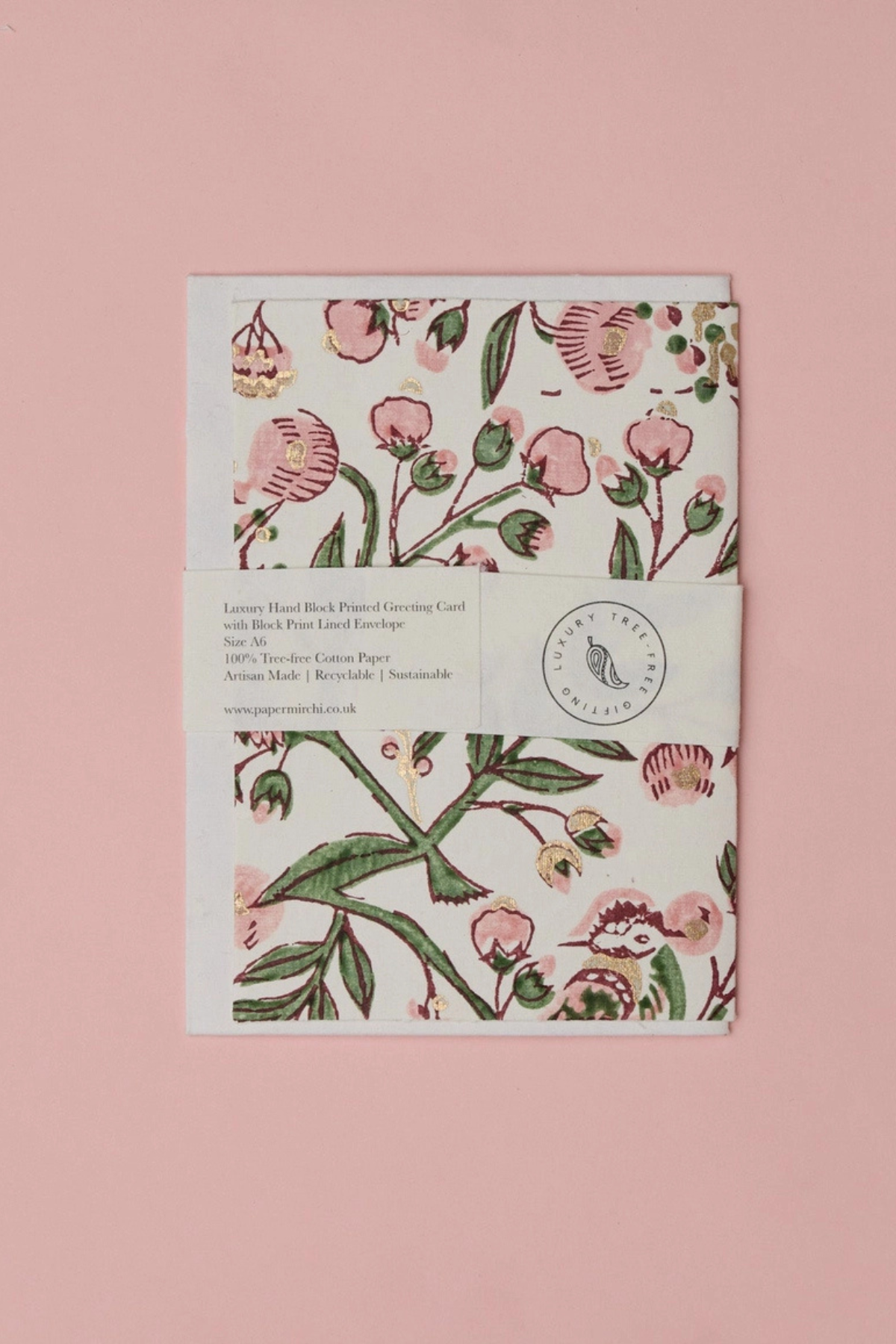Hand Block Printed Card Song Birds Blush