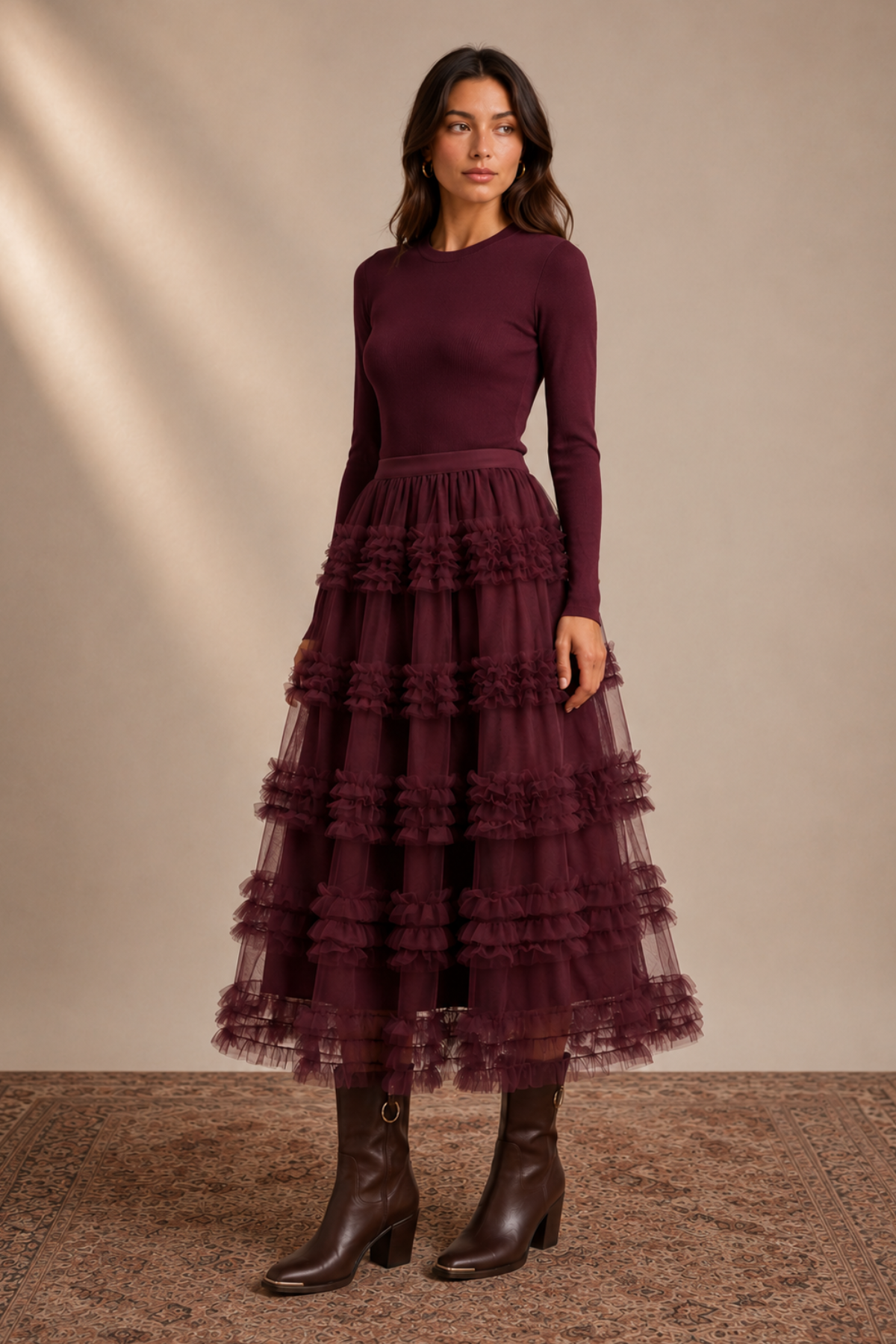 Romantic Ruffle Midi Skirt Plum