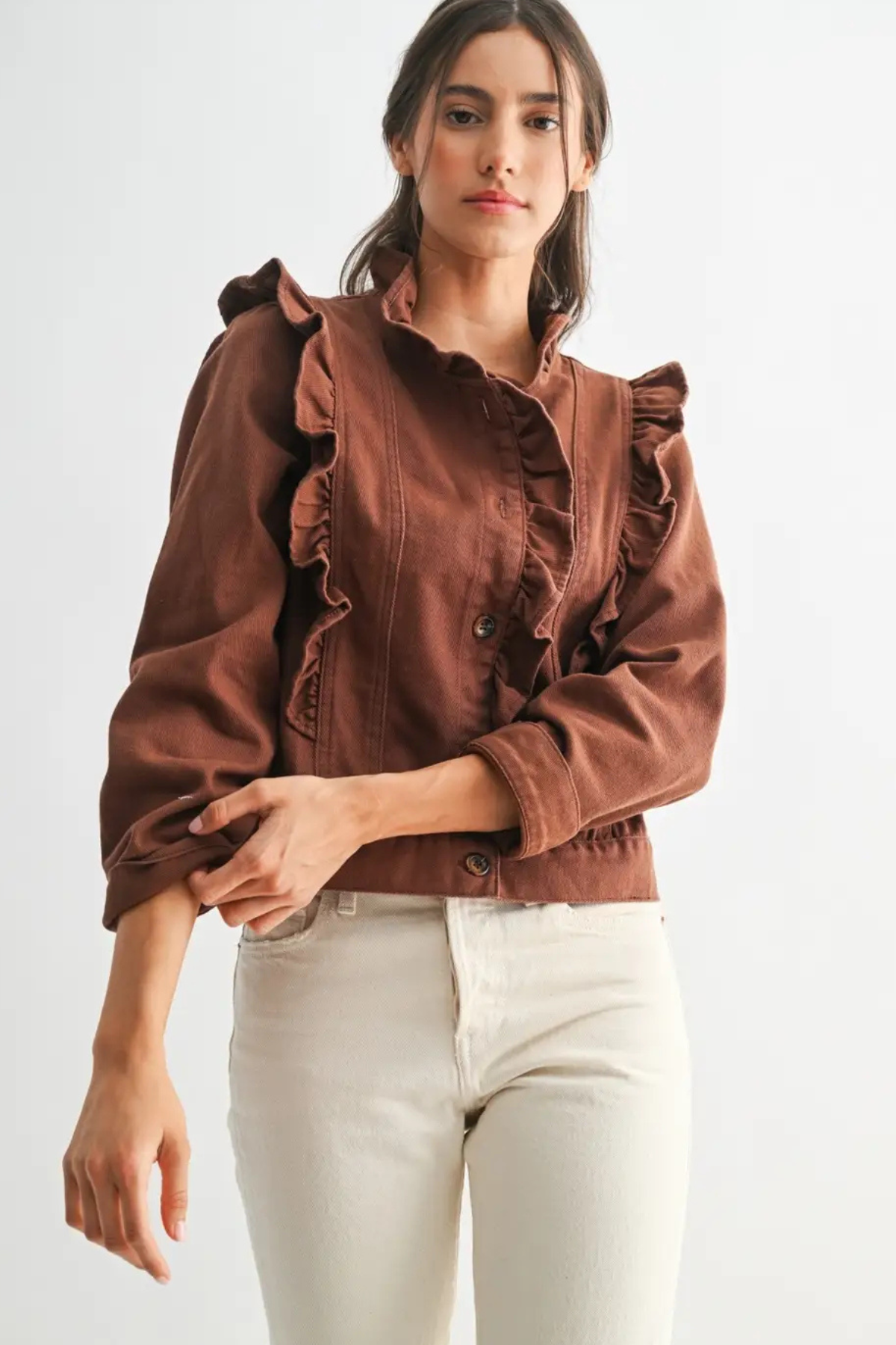 Ruffle Denim Jacket Mocha