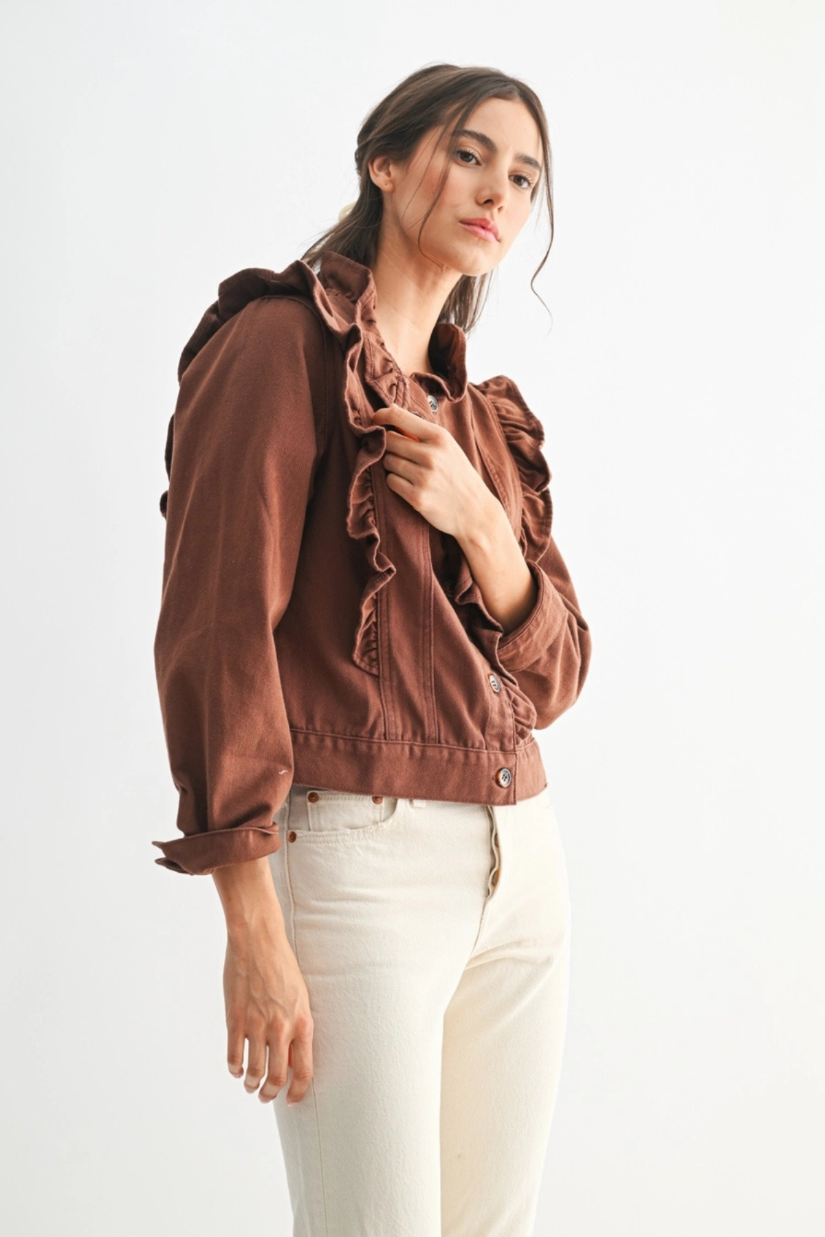 Ruffle Denim Jacket Mocha