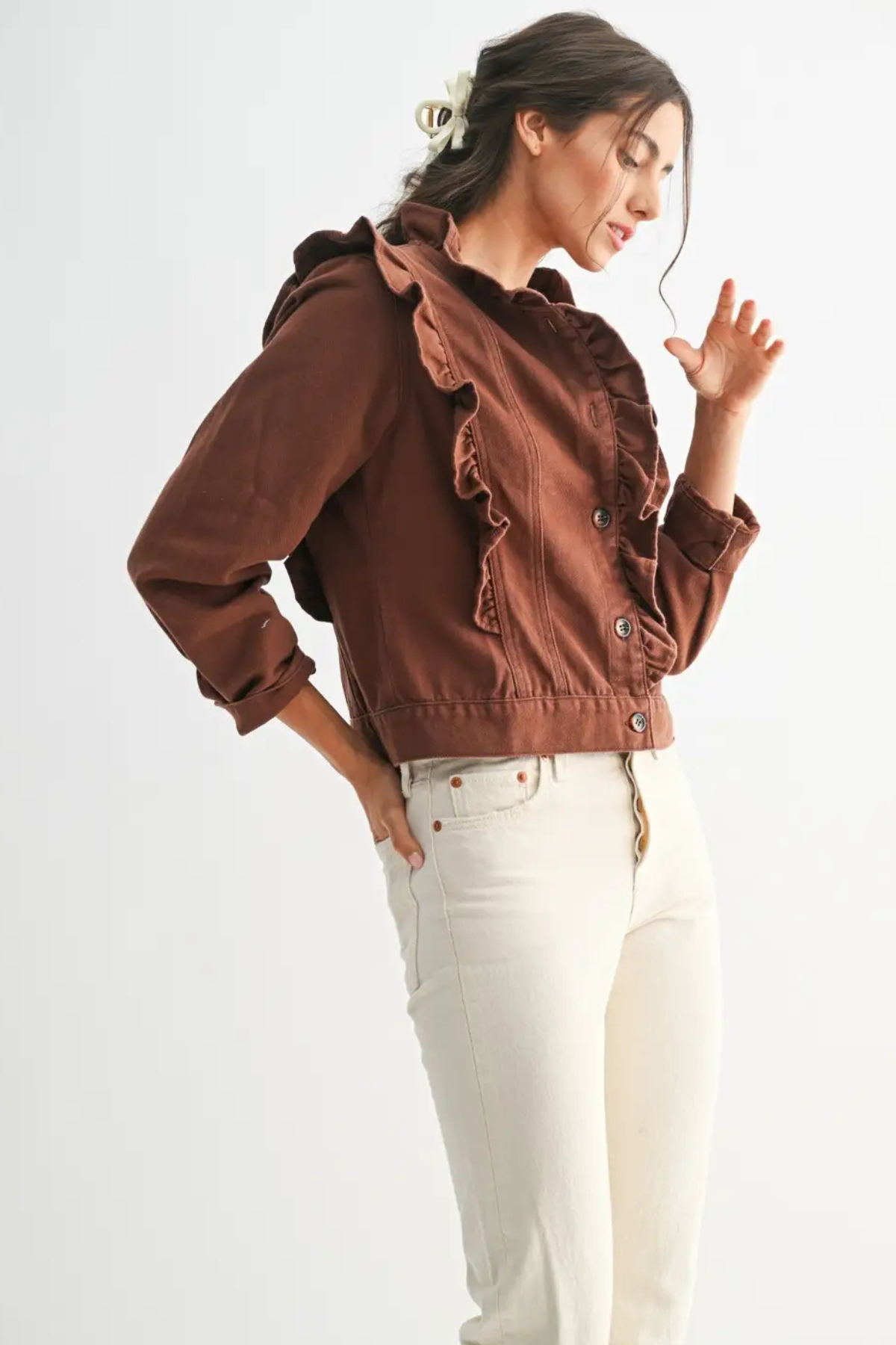 Ruffle Denim Jacket Mocha
