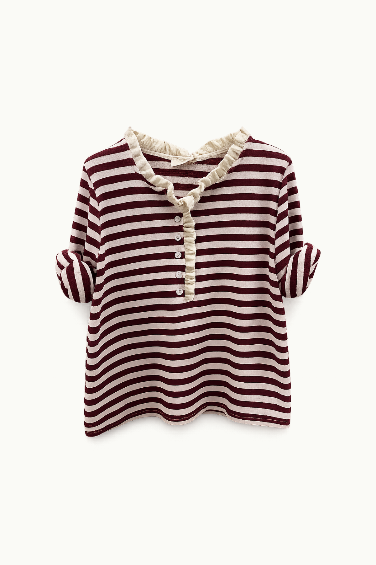 Ruffle Henley Striped Top Bordeaux