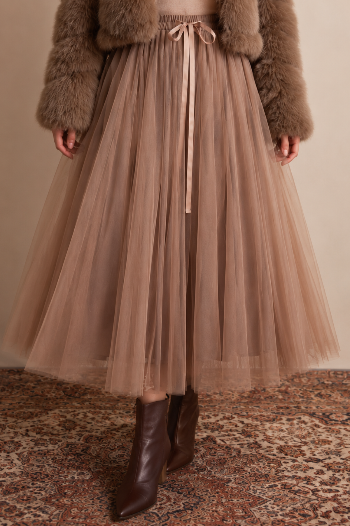 Satin Ribbon Tulle Skirt Taupe