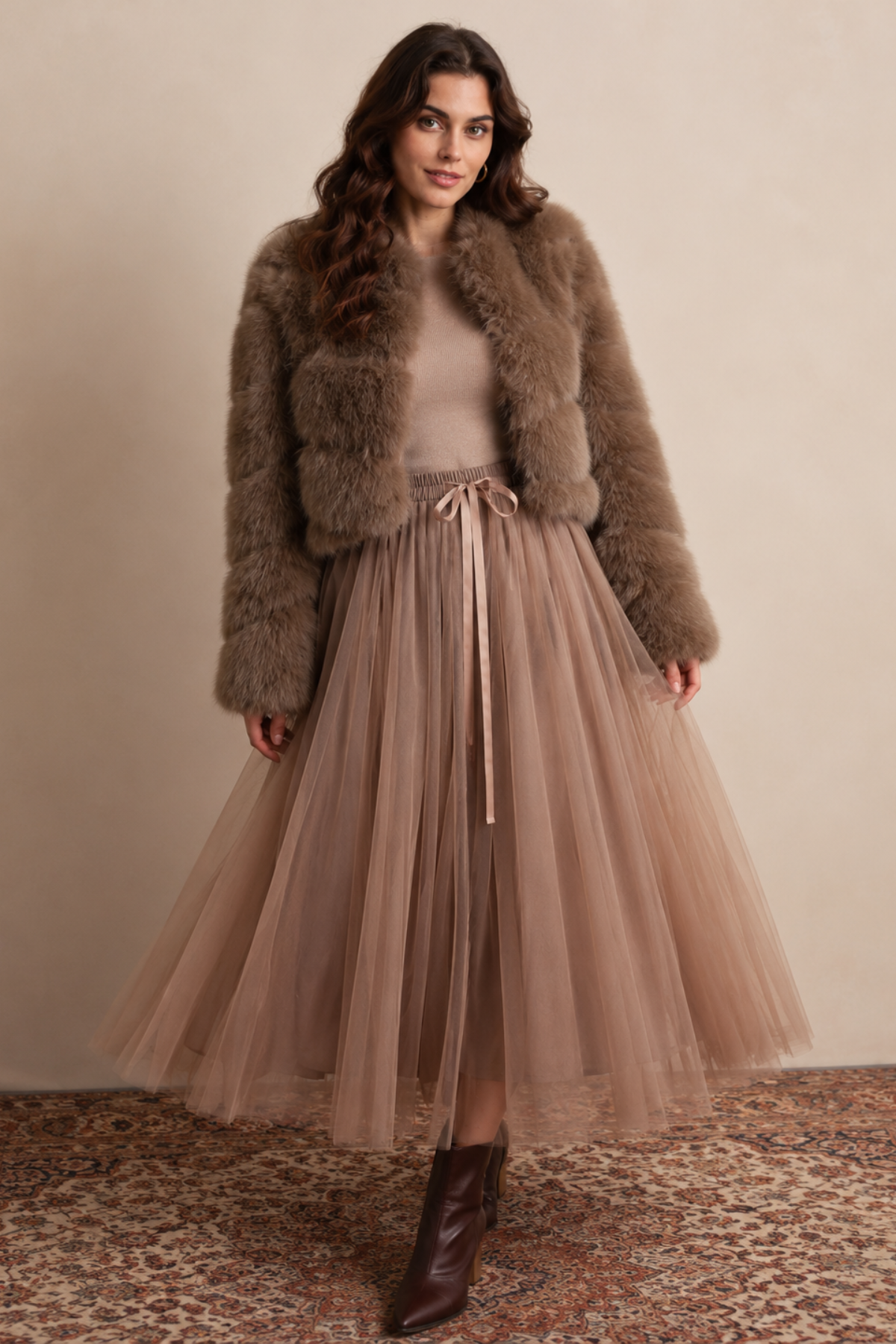 Satin Ribbon Tulle Skirt Taupe