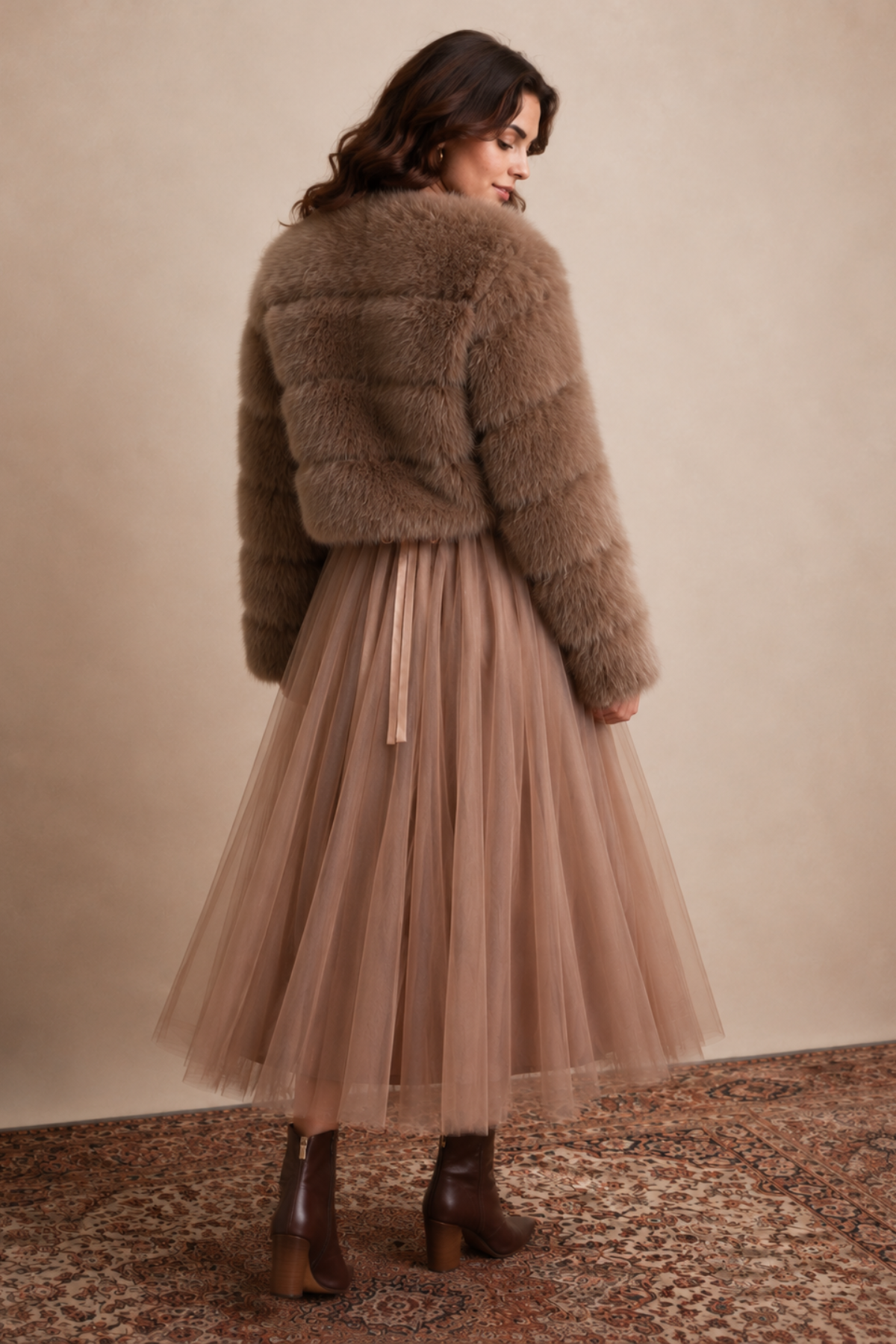 Satin Ribbon Tulle Skirt Taupe