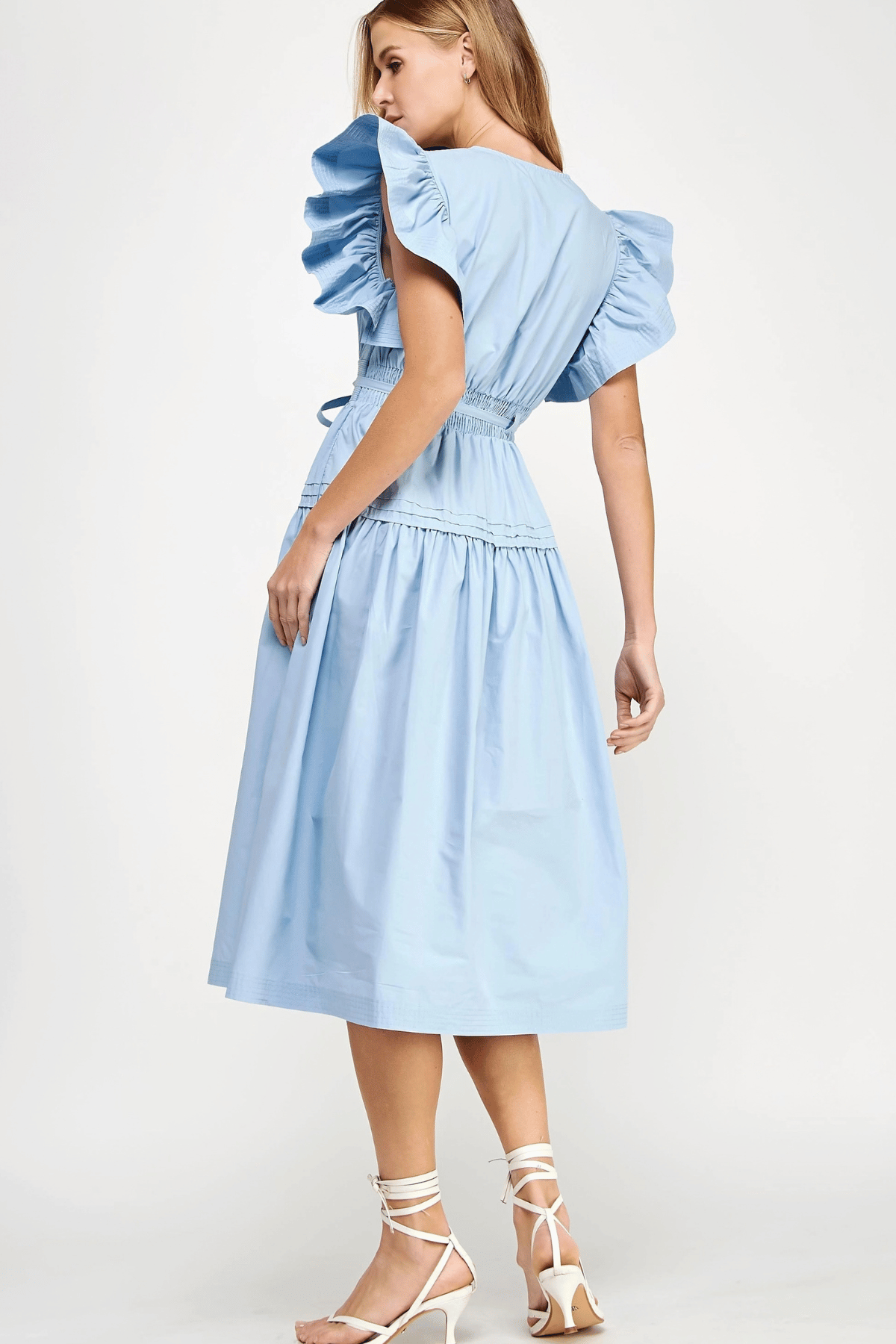Chambray blue midi dress with split V-neckline and pintuck detail