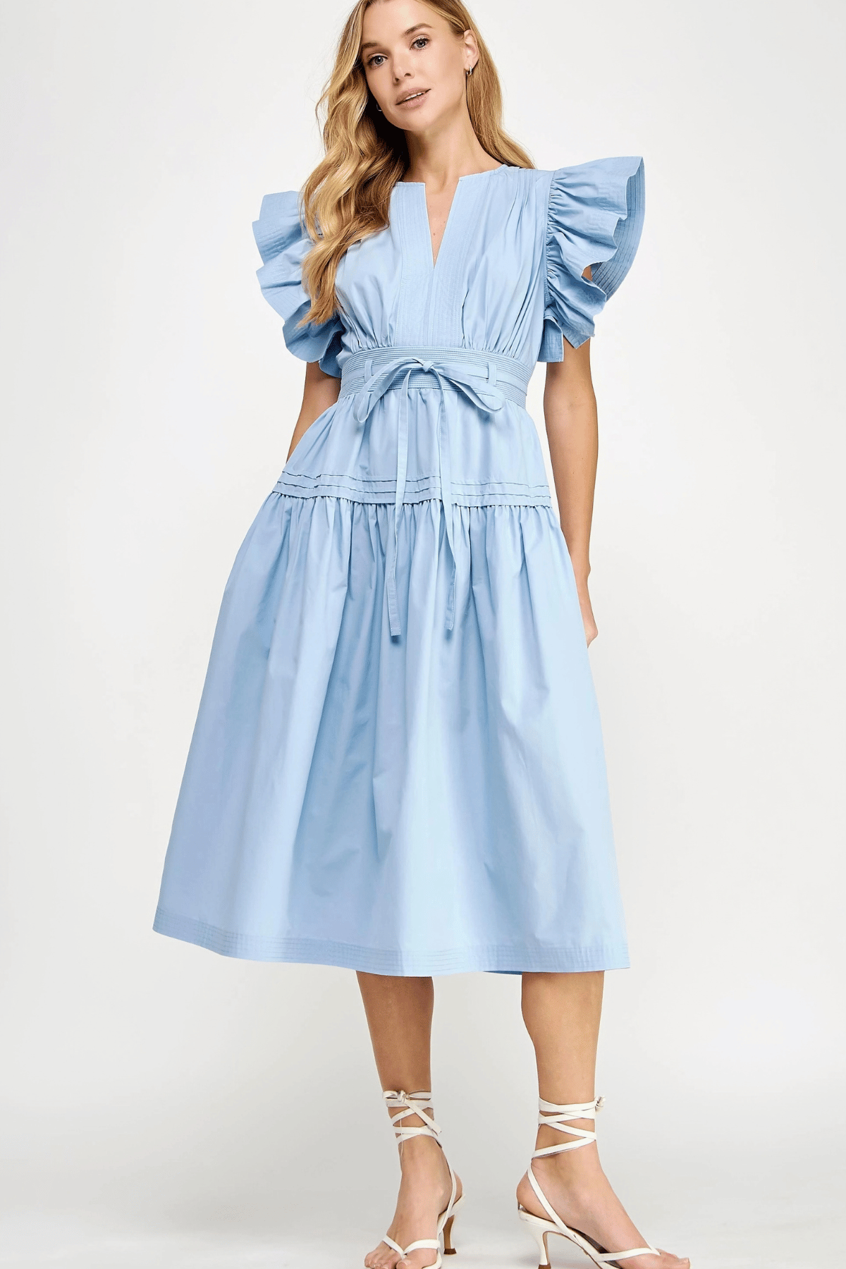 The Adeline cotton poplin midi dress in chambray blue with flutter sleeves
