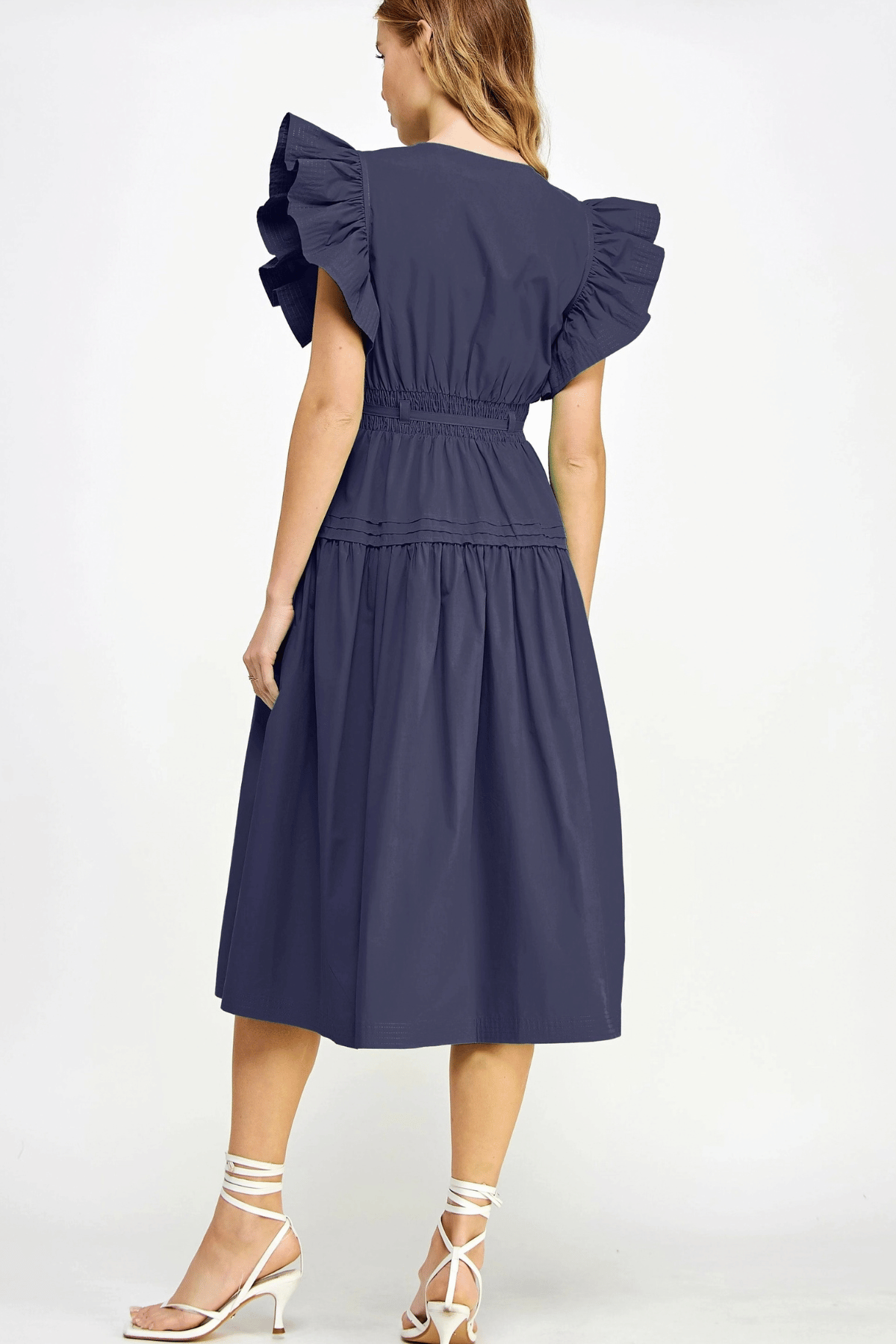 Navy poplin midi dress with banded tie waist, pintucks and tiered skirt