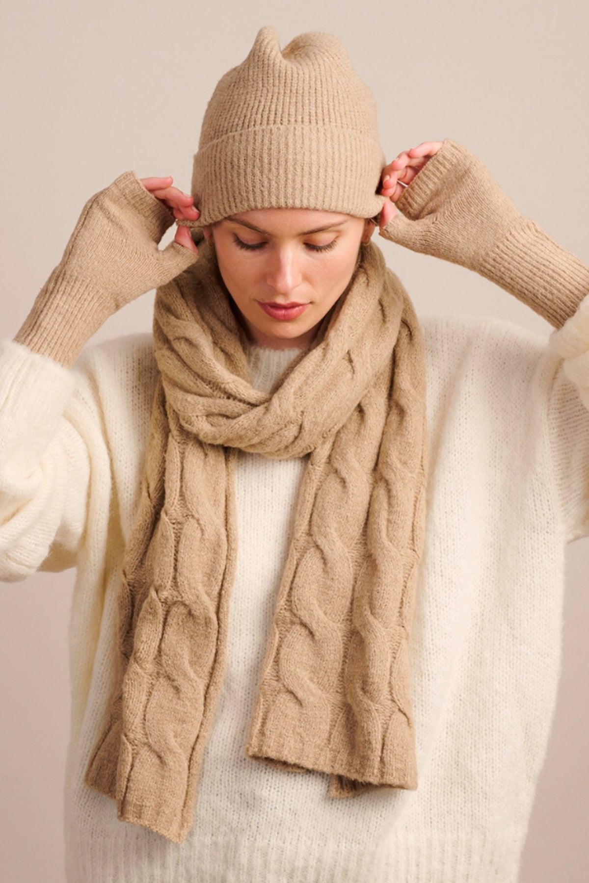 Latte Recycled Cable Knit Fingerless Gloves