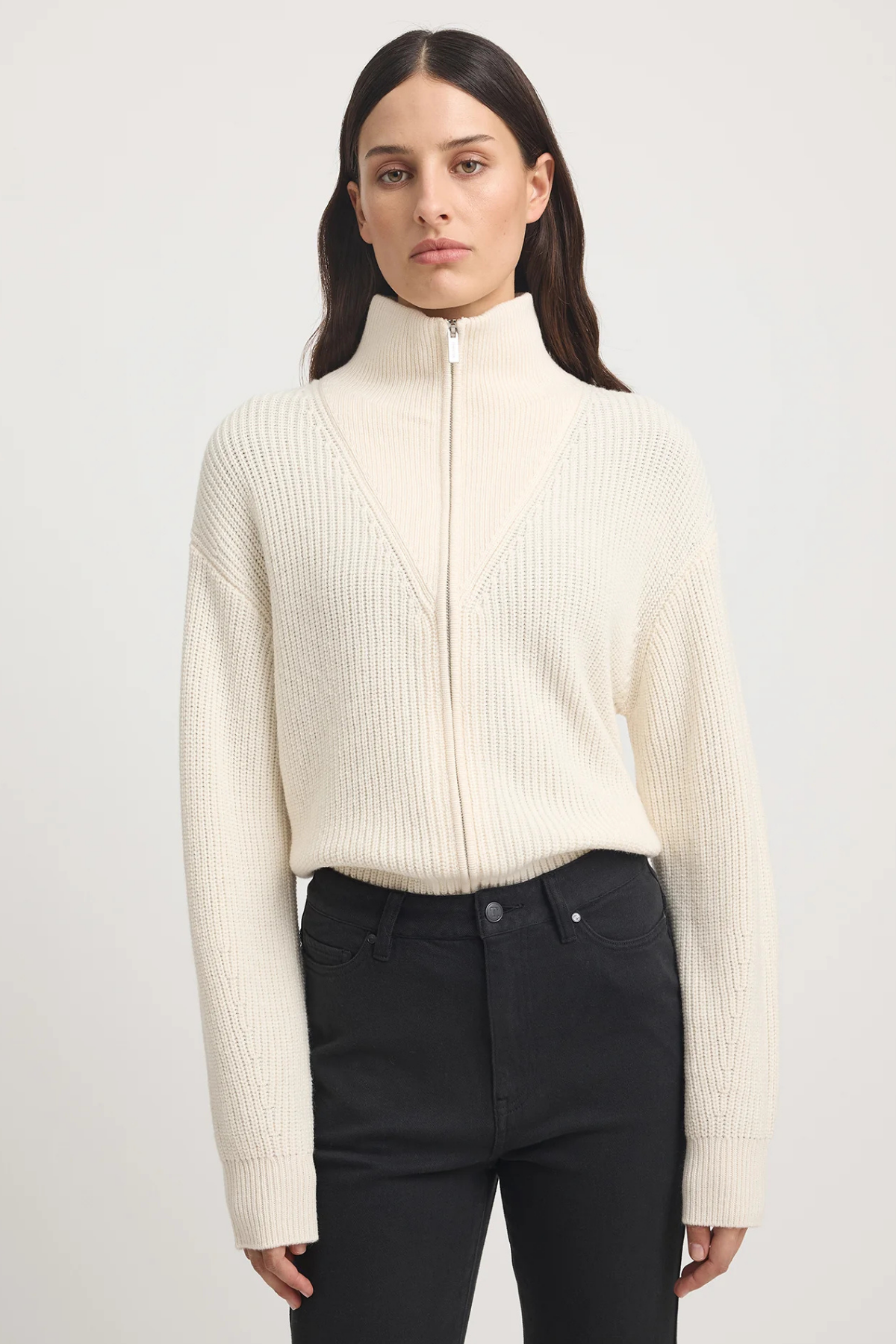 Zip Through Rib Knit Ivory