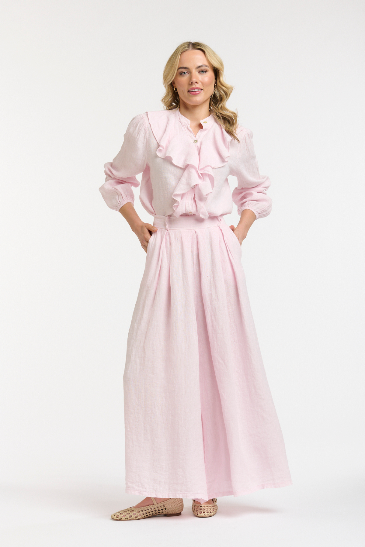 Linen Ruffle Blouse Light Pink