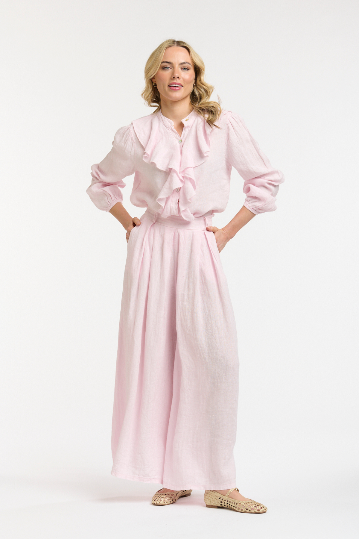 Linen Ruffle Blouse Light Pink