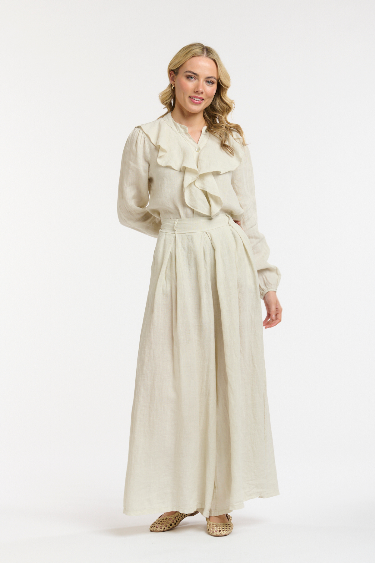 Linen Ruffle Blouse Sand