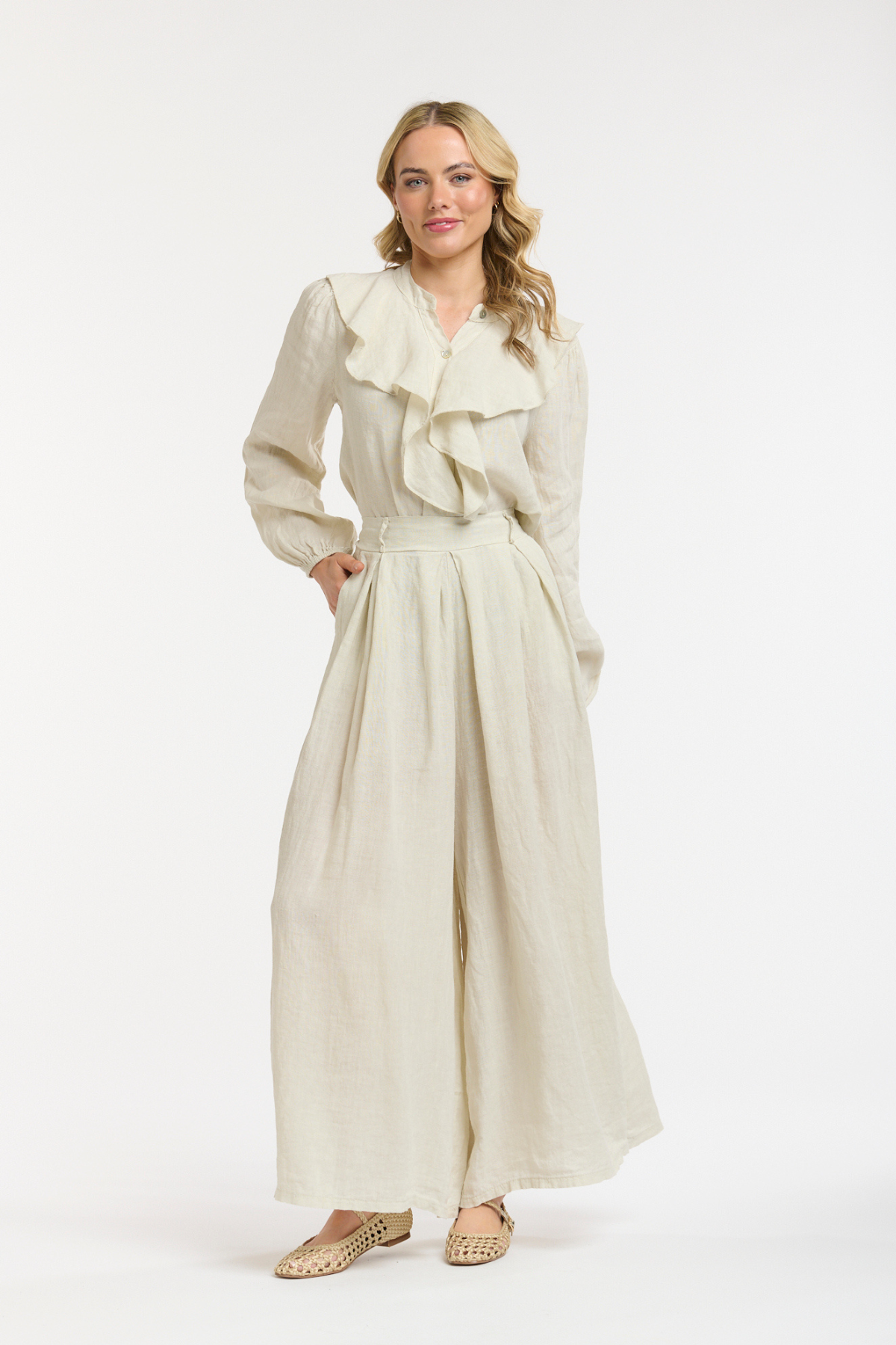 Linen Ruffle Blouse Sand