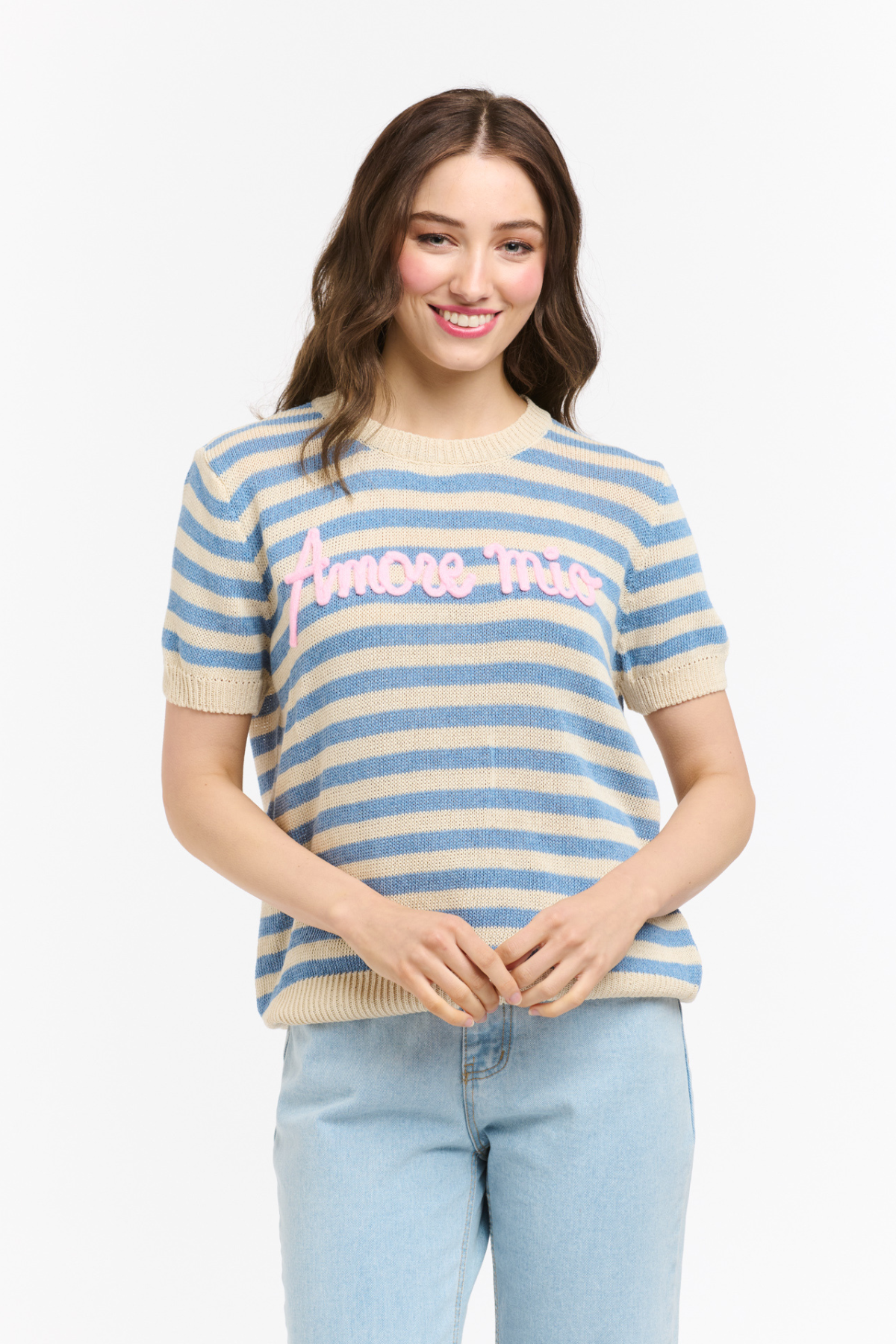 Amore Mio Striped Knit Sweater Tee French Blue