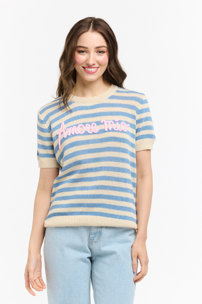 Amore Mio Striped Knit Sweater Tee French Blue