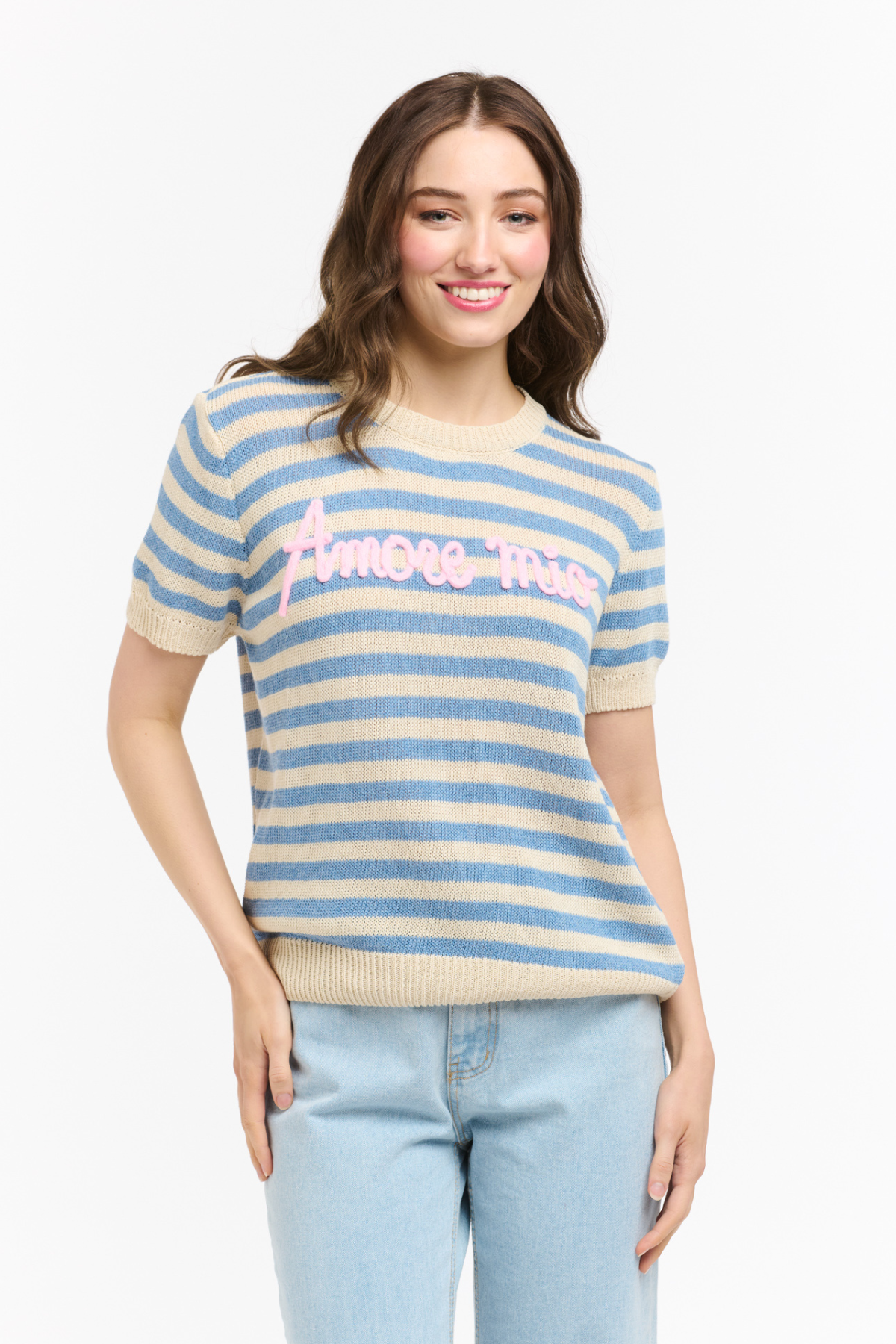 Amore Mio Striped Knit Sweater Tee French Blue