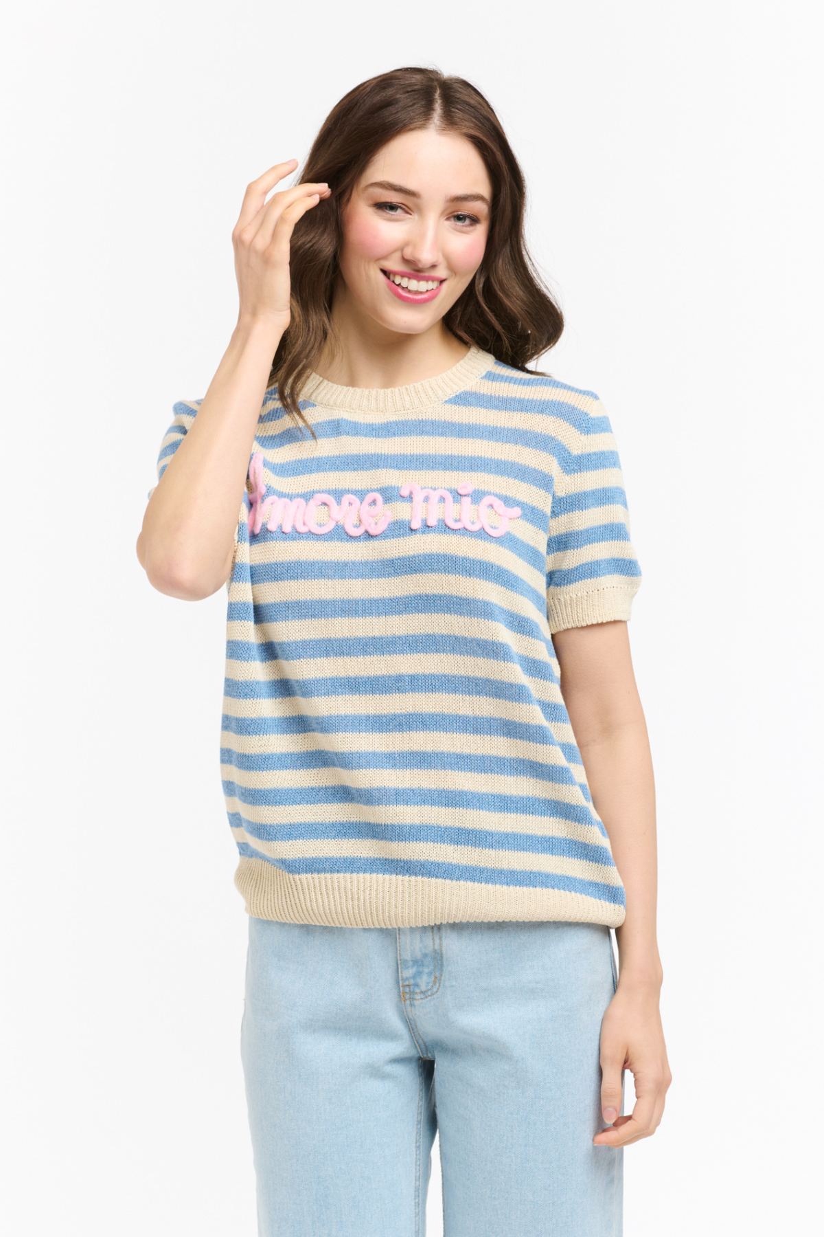 Amore Mio Striped Knit Sweater Tee French Blue