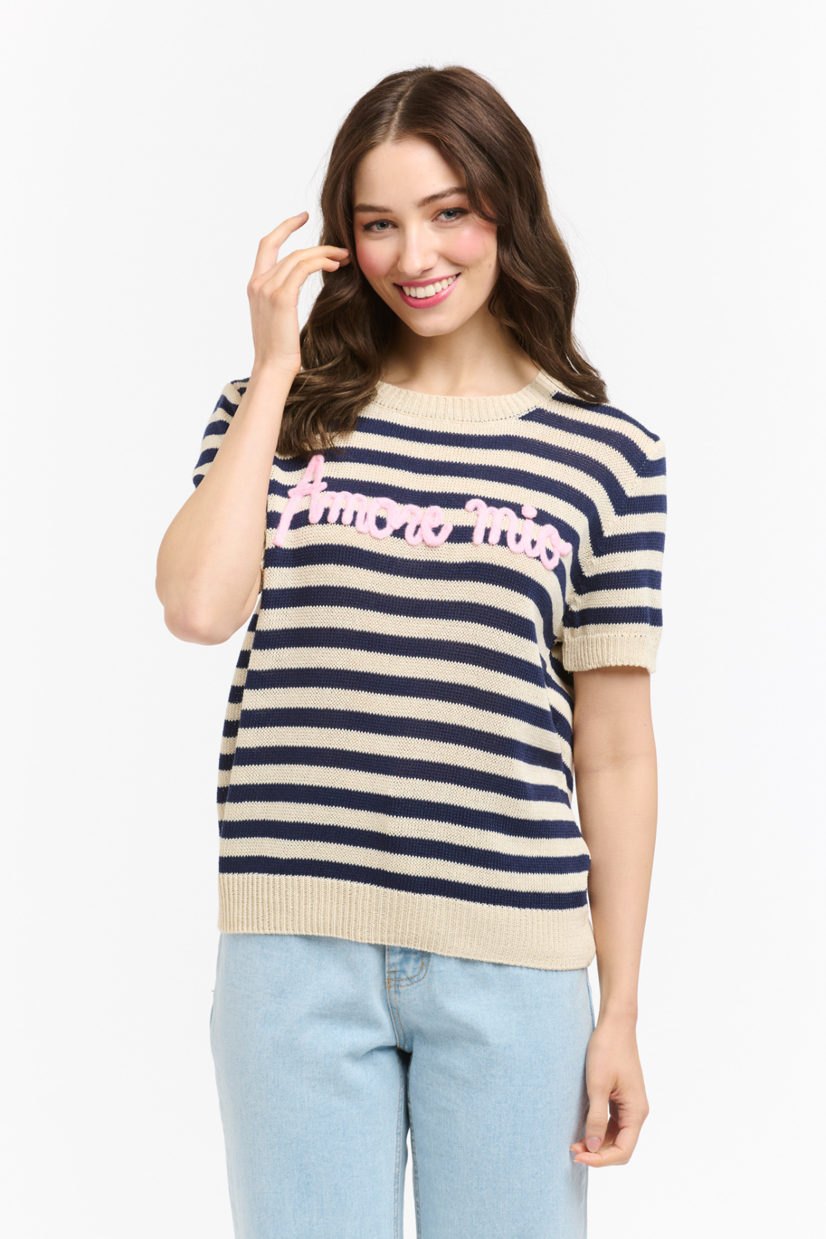 Amore Mio Striped Knit Sweater Tee Navy