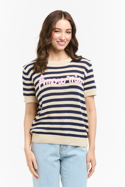 Amore Mio Striped Knit Sweater Tee Navy