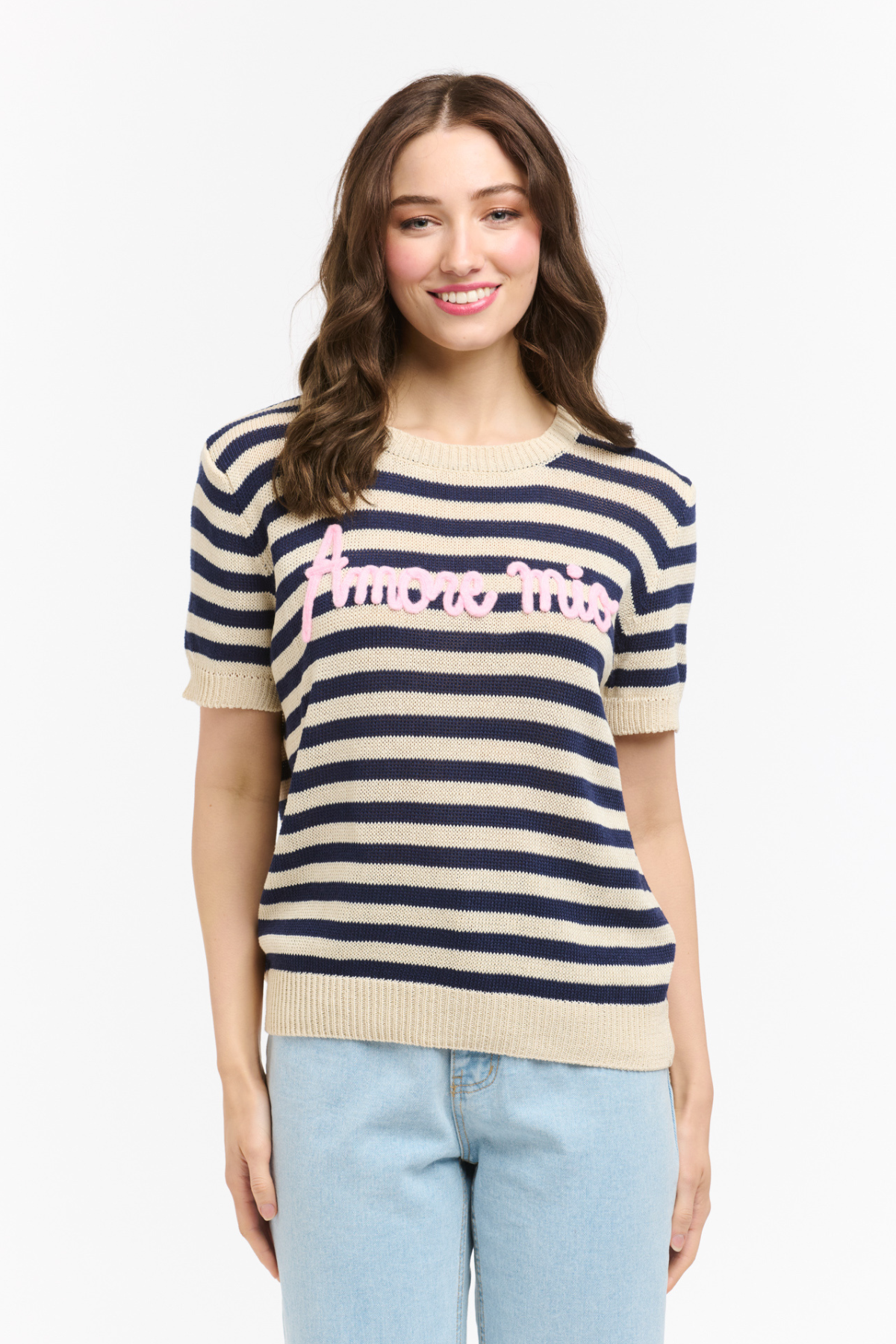 Amore Mio Striped Knit Sweater Tee Navy