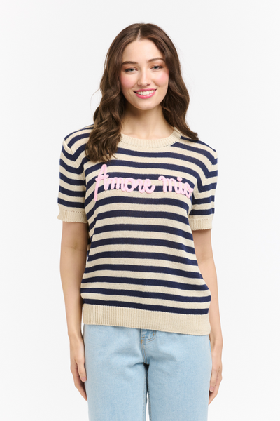 Amore Mio Striped Knit Sweater Tee Navy